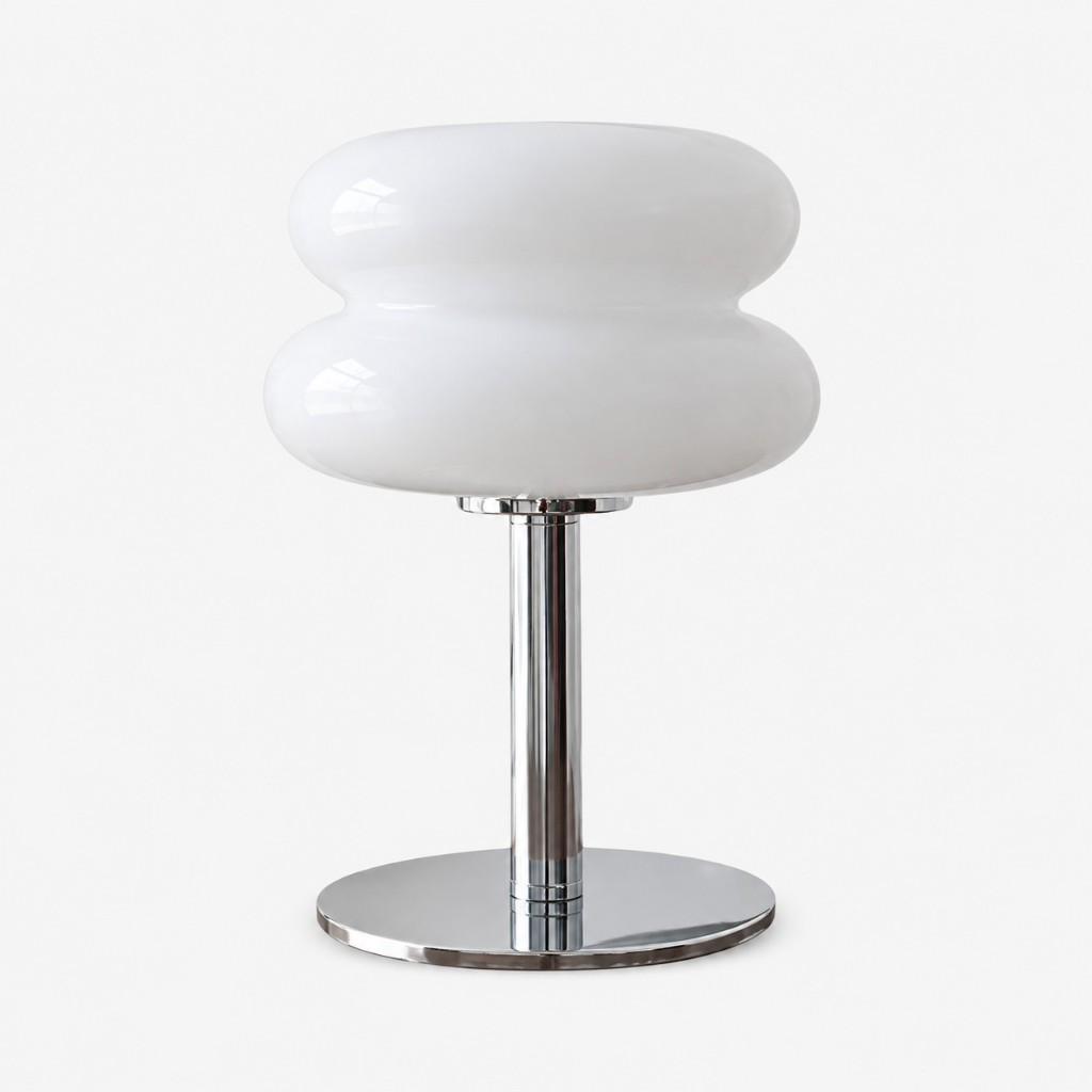 White two-tier glass table lamp with a chrome base