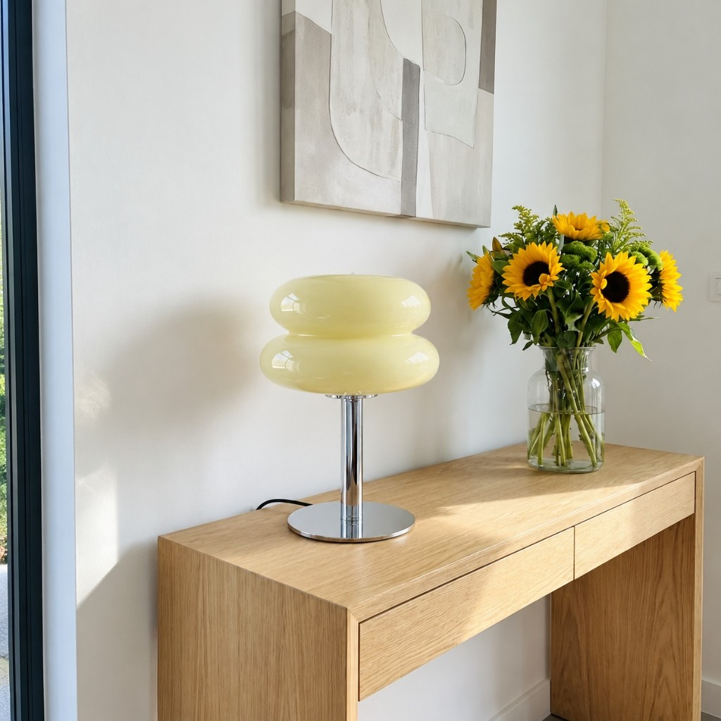 Beige two-tier glass table lamp on a wood console
