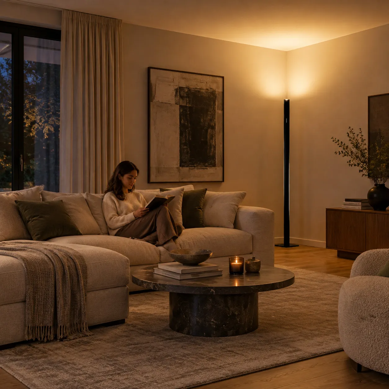 Floor lamp beside a sofa while someone reads