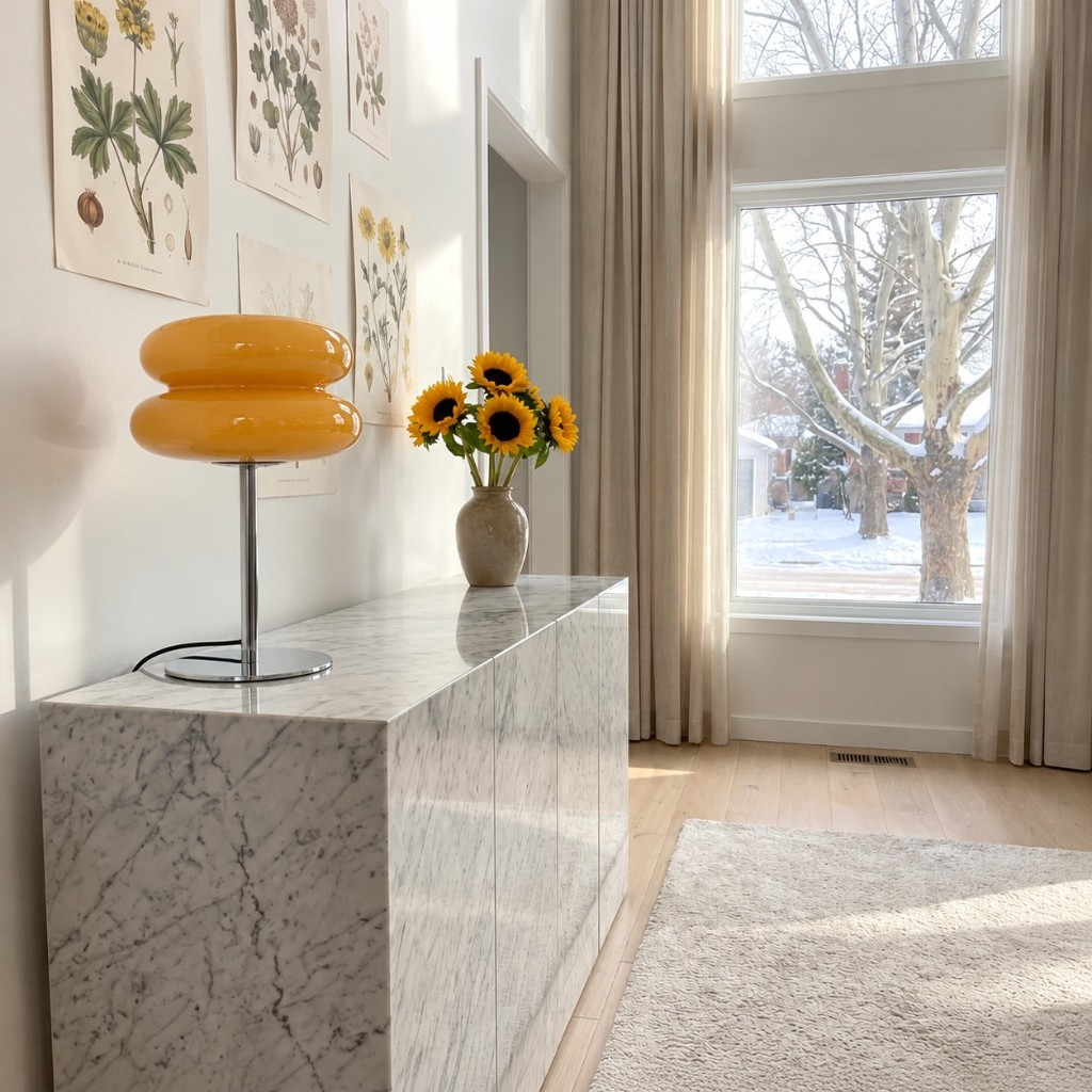 Orange yellow two-tier glass table lamp on a marble cabinet