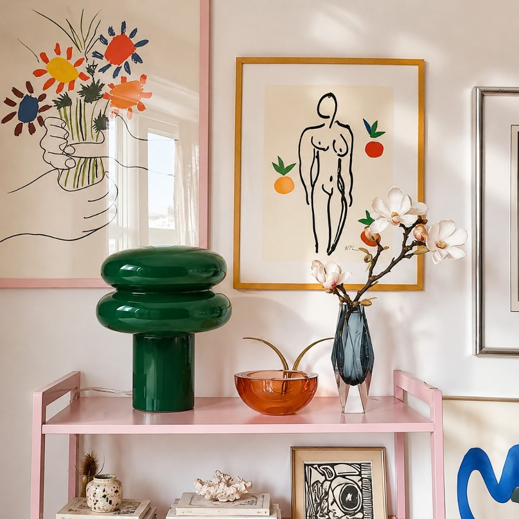 Dark green mushroom glass table lamp on a pink shelf