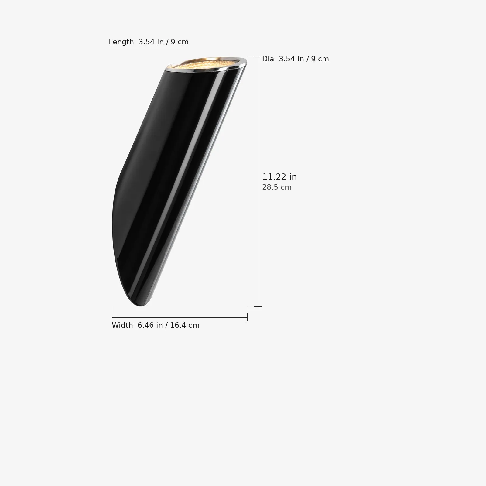 Angled wall lamp dimensions, height 11.22 inches and width 6.46 inches