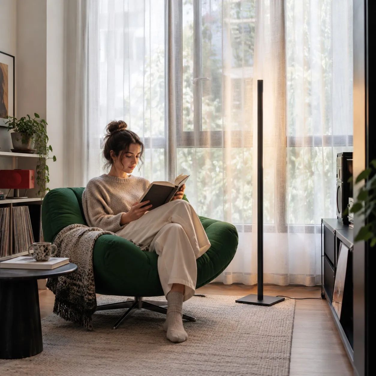 Person reading by a window with an Ilio Mini floor lamp