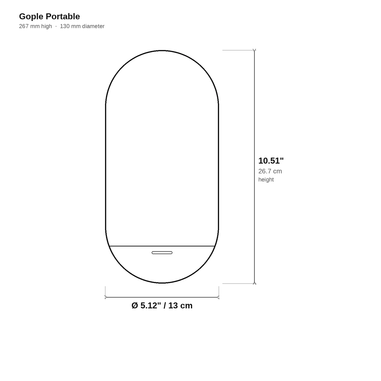 Gople Portable dimensions, height 10.51 inches / 26.7 cm, diameter 5.12 inches / 13 cm