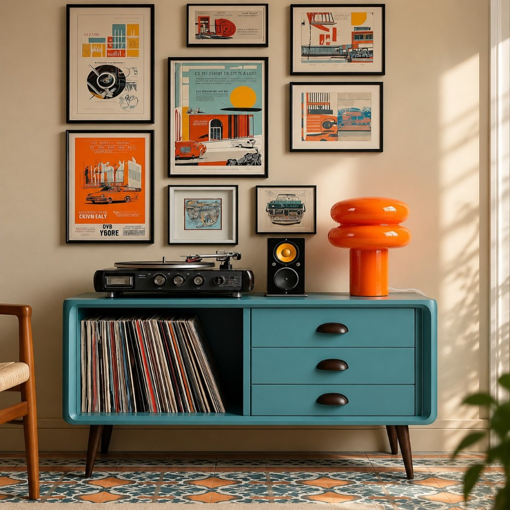 Orange mushroom glass table lamp on a teal sideboard