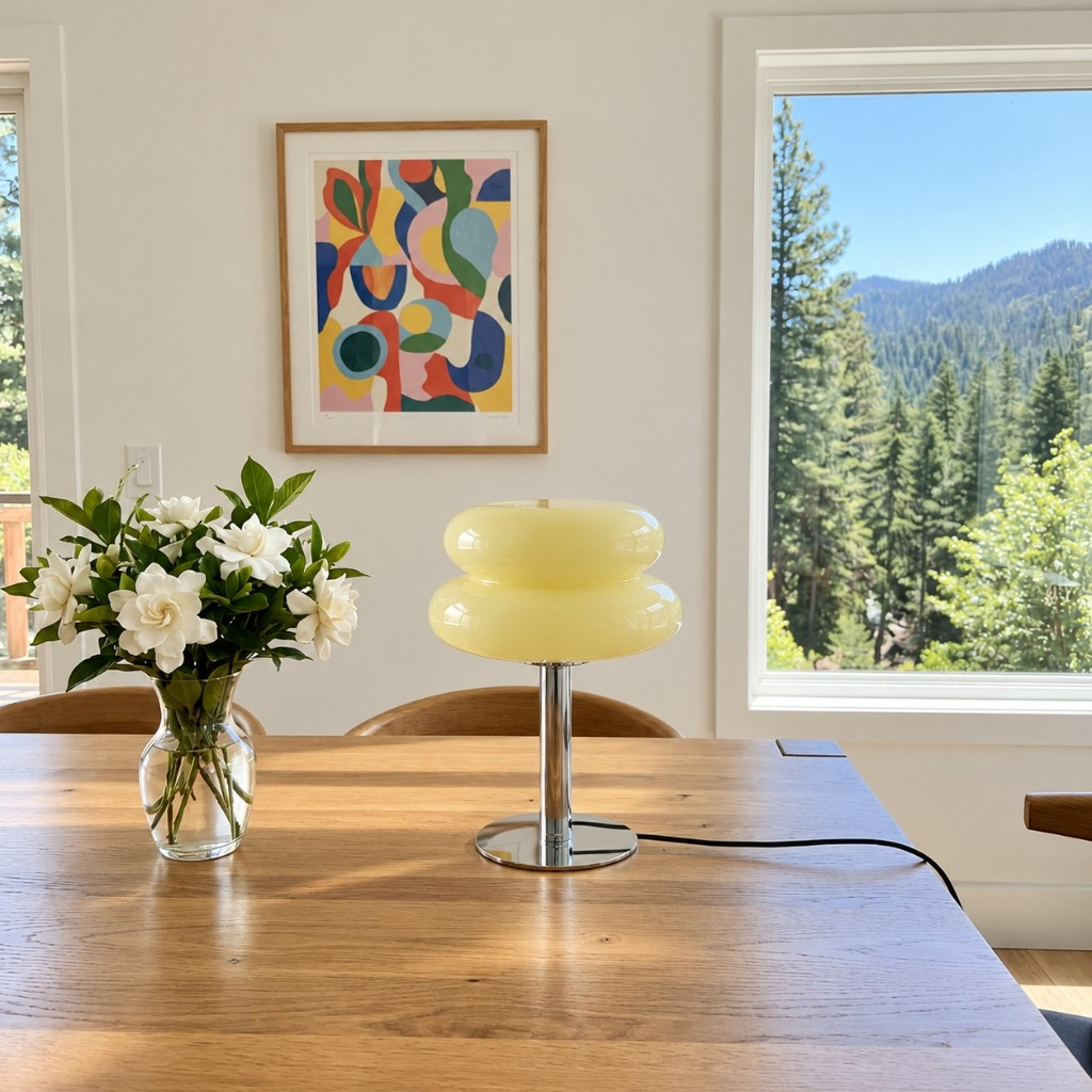 Beige two-tier glass table lamp on a dining table