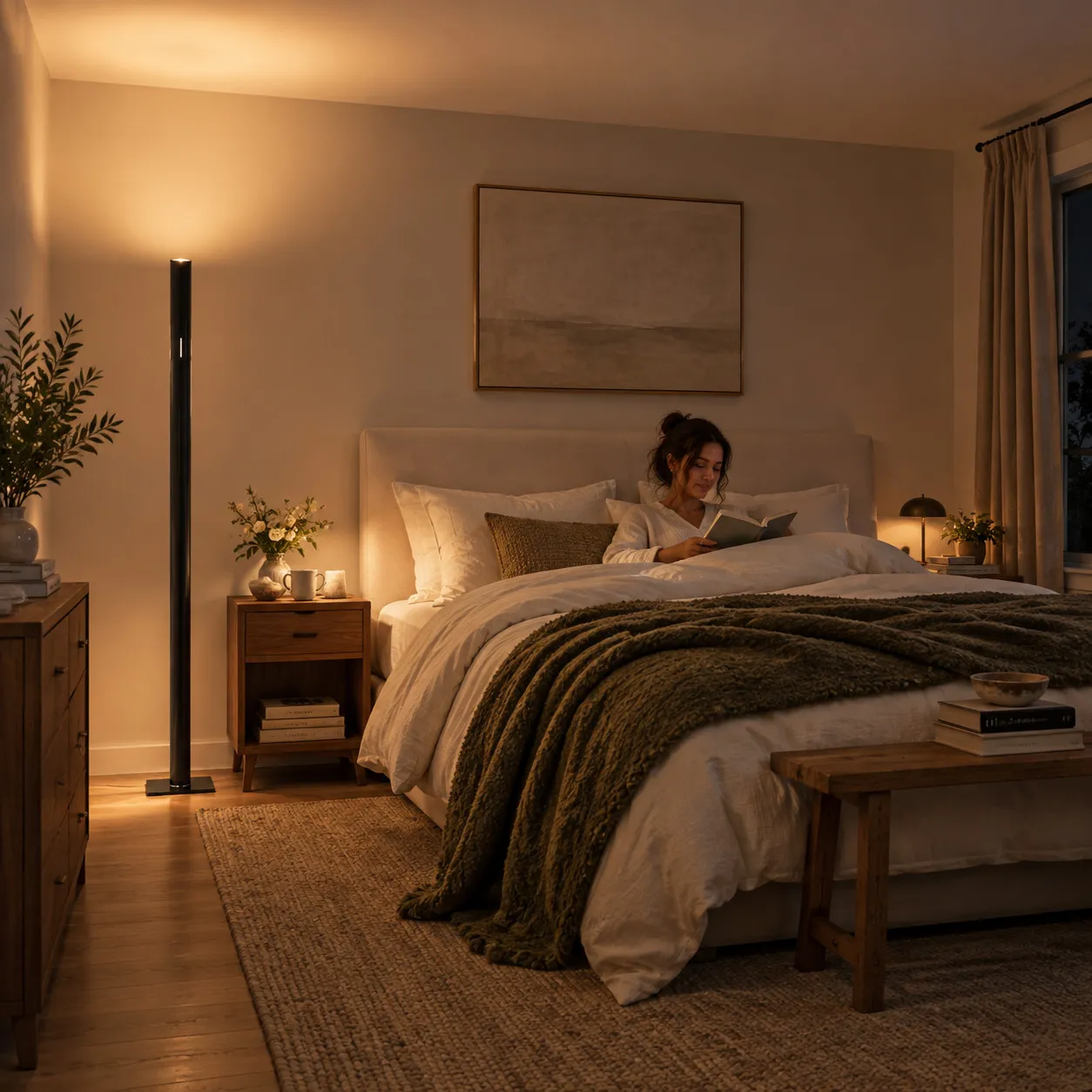 Floor lamp beside a bed for nighttime reading