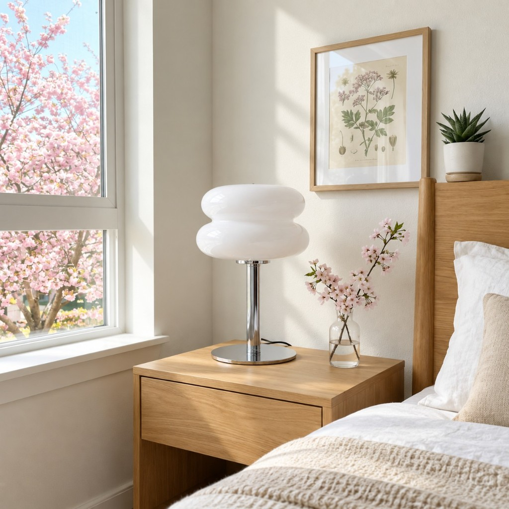 White two-tier glass table lamp on a bedside table
