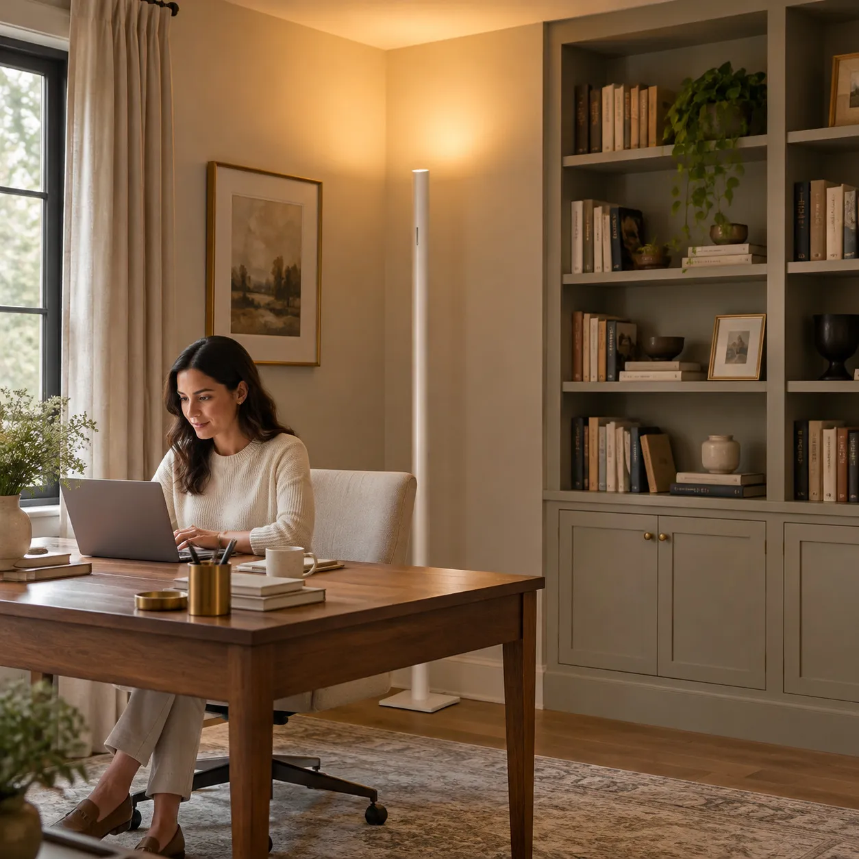 White floor lamp lighting a home office