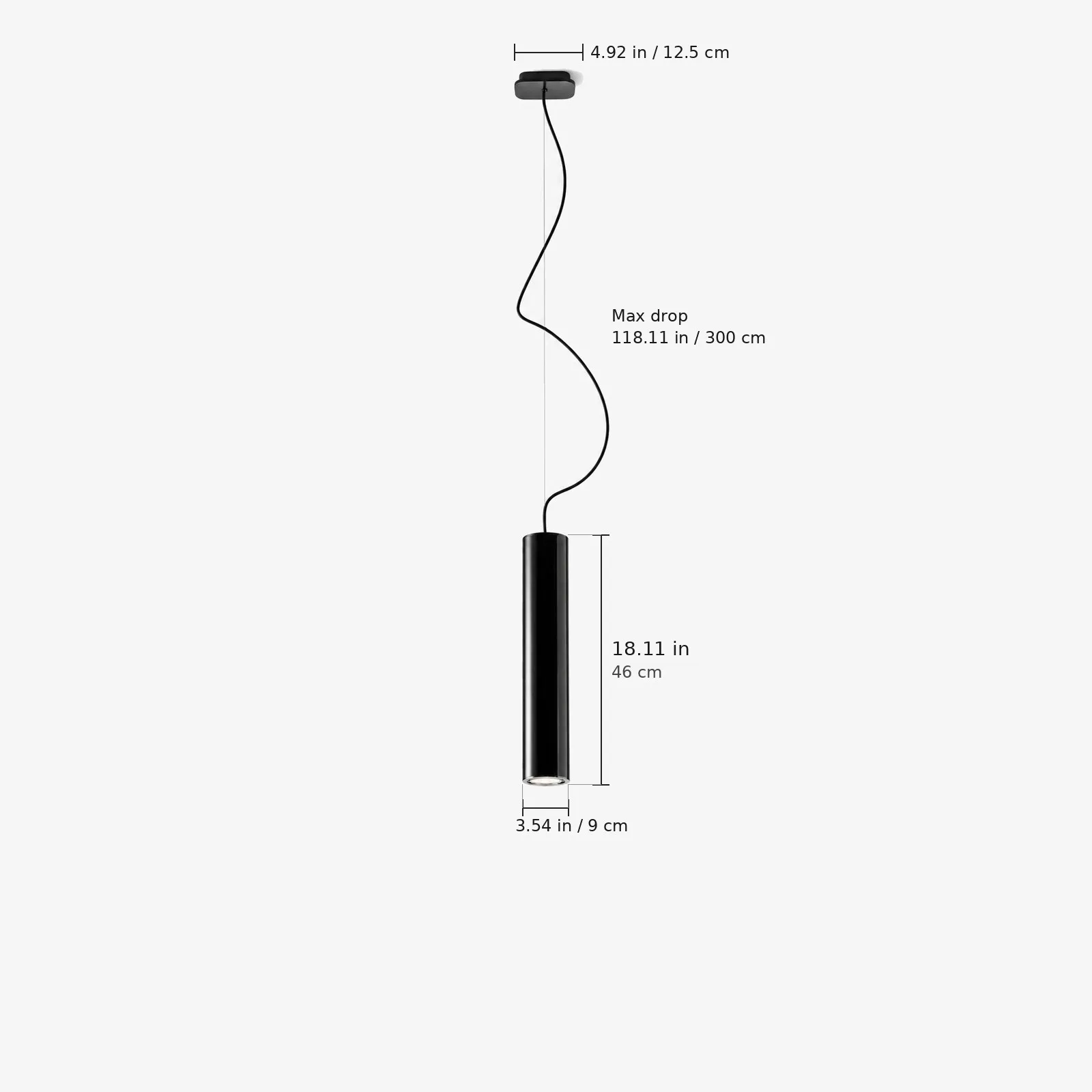 Pendant lamp dimensions, body height 18.11 inches and max drop 118.11 inches