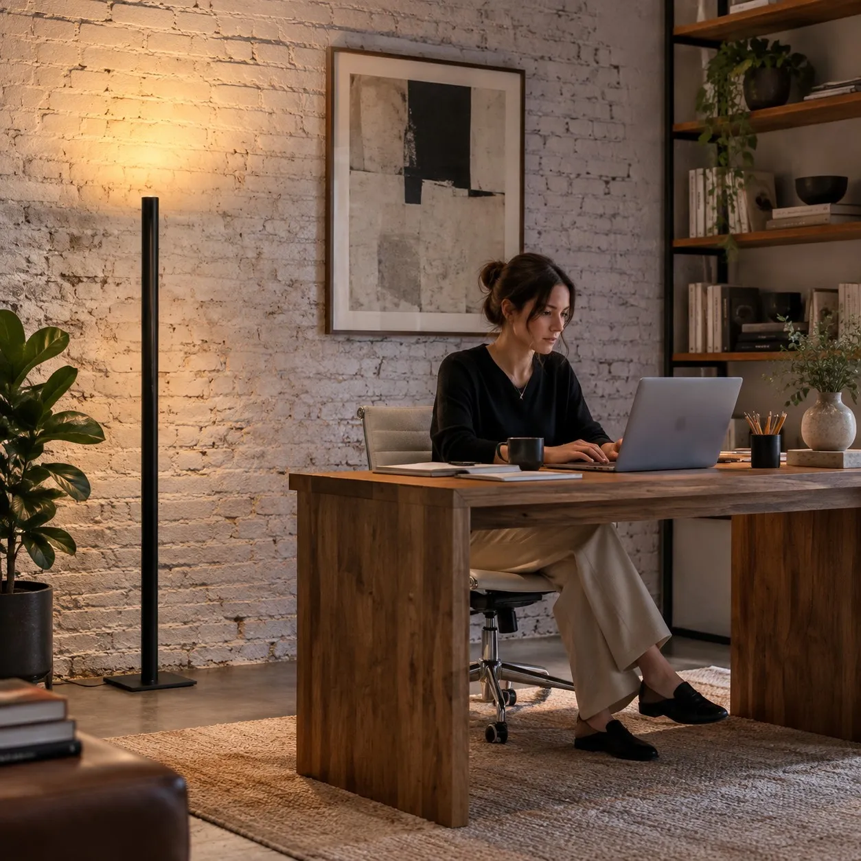 Person working at a desk beside an Ilio Mini floor lamp