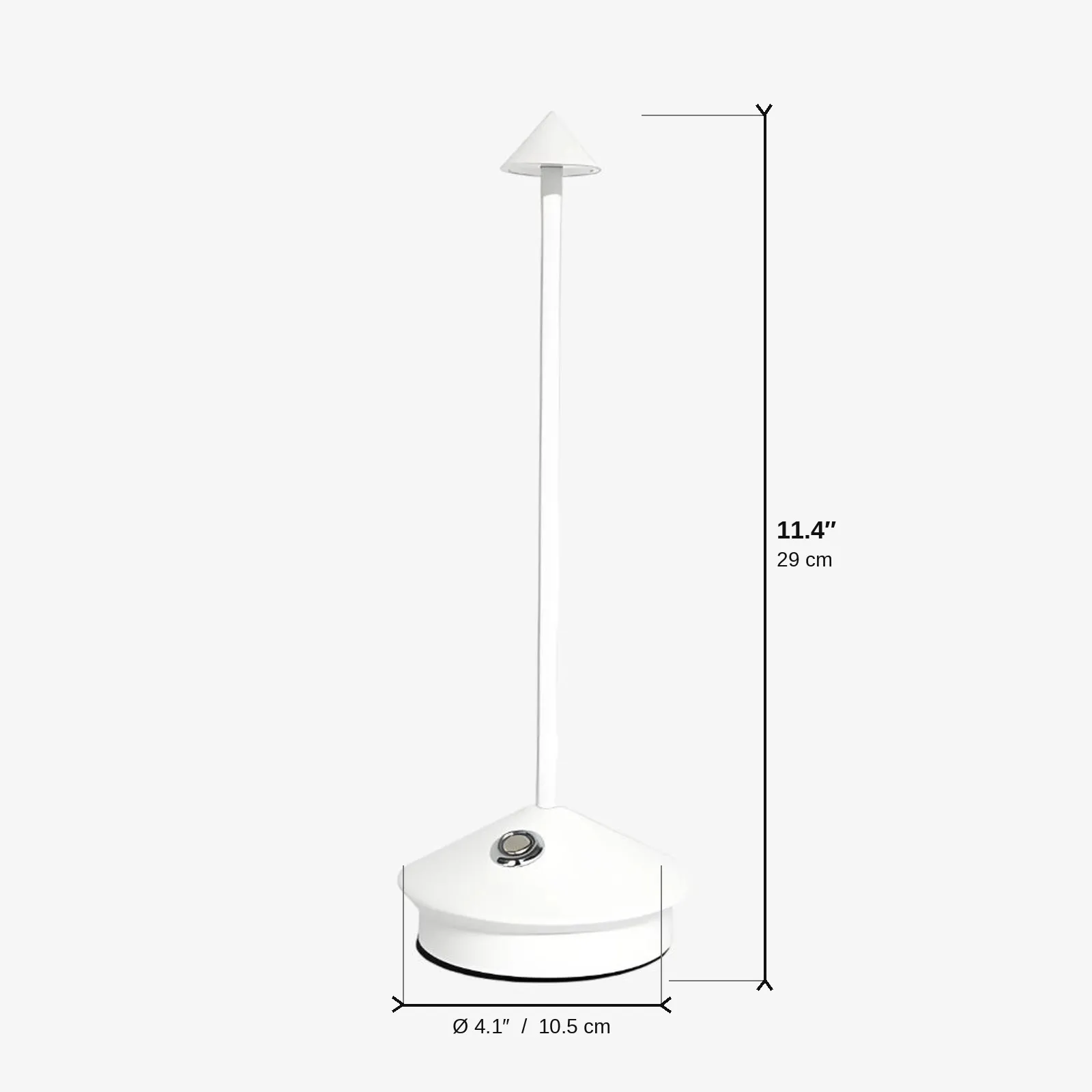 Cordless table lamp dimensions, 11.4 inches high and 4.1 inches in diameter