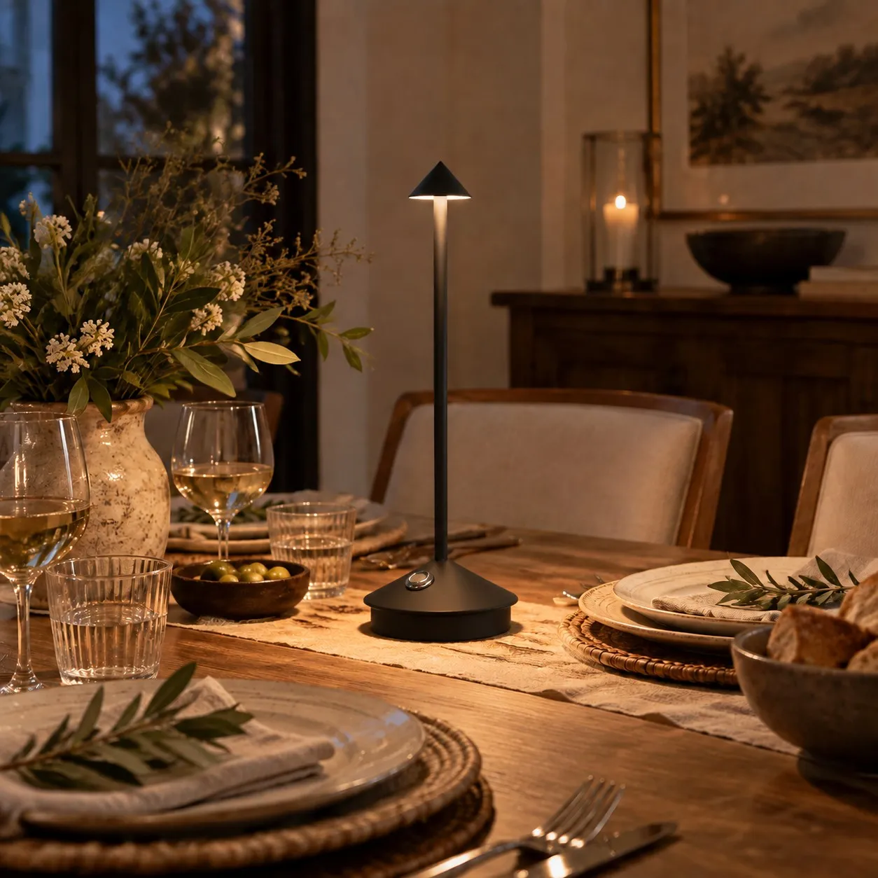 Matte black cordless table lamp on a set dining table