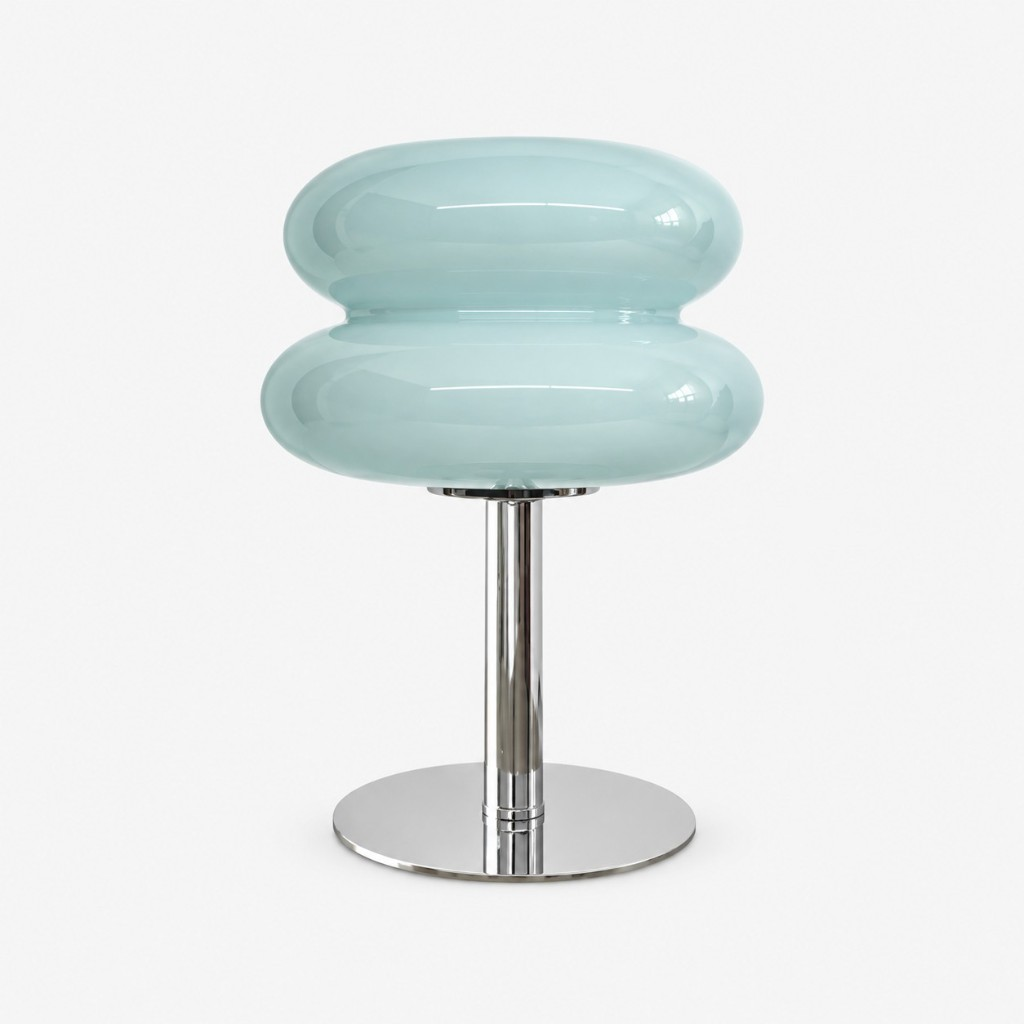 Light blue two-tier glass table lamp with a chrome base