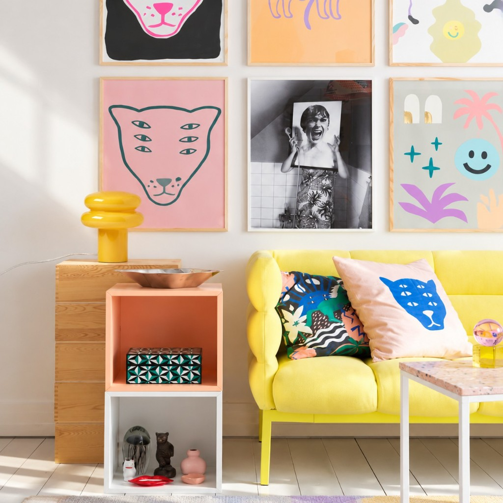 Mustard yellow mushroom glass table lamp beside a yellow sofa