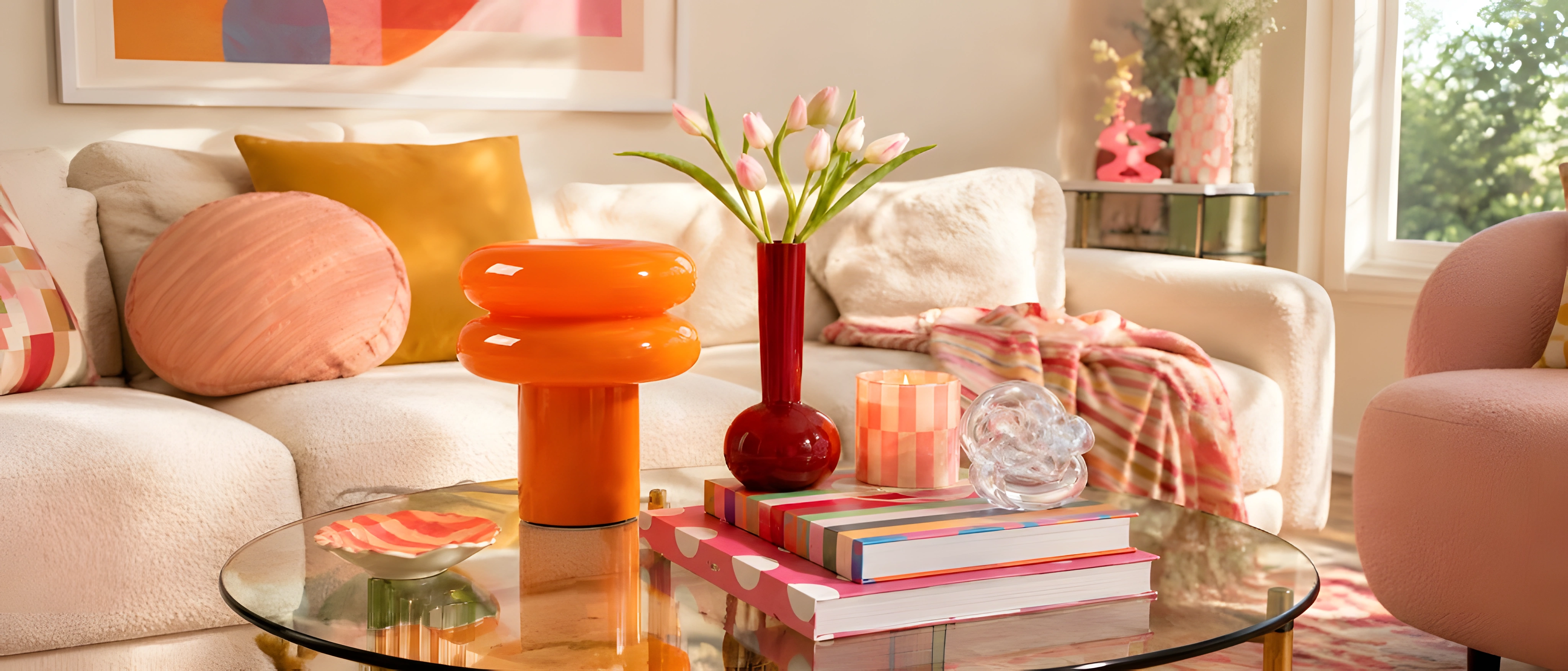 Orange mushroom glass table lamp on a glass coffee table