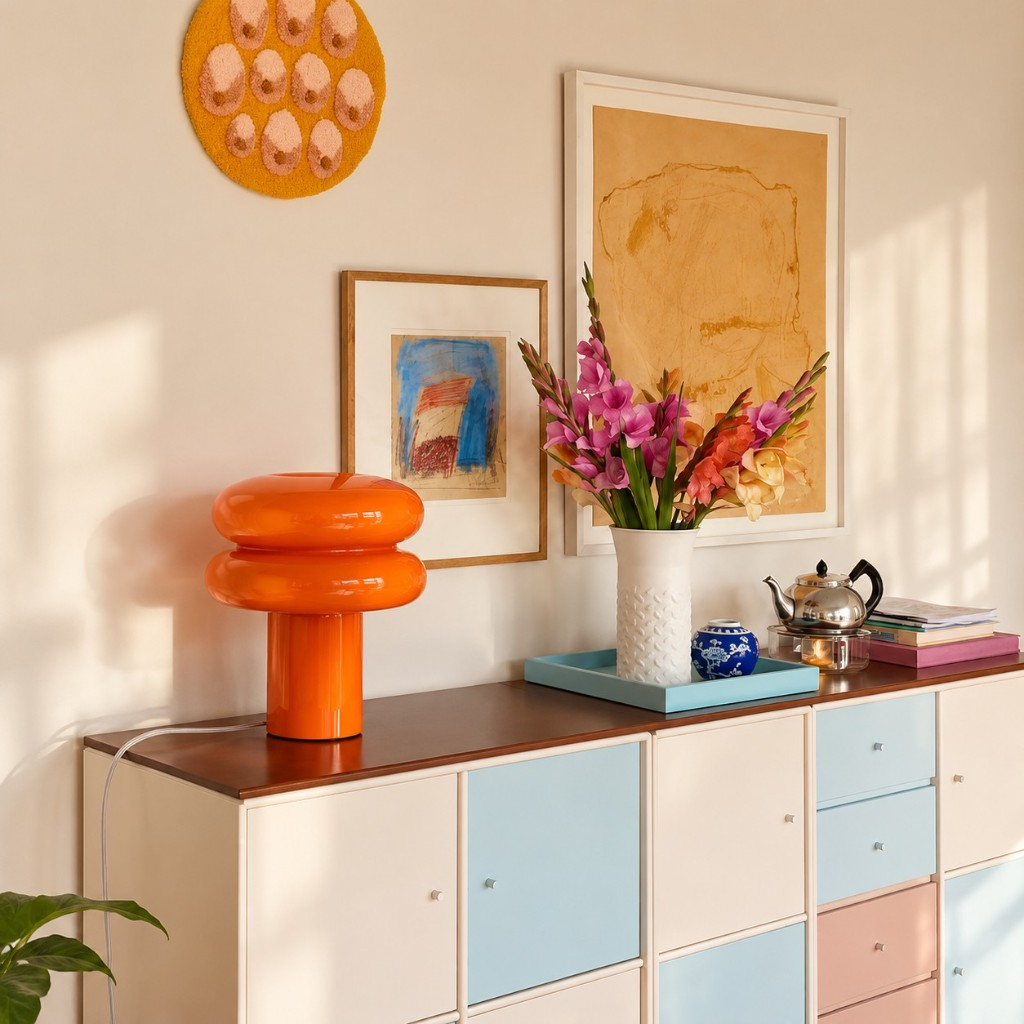 Orange mushroom glass table lamp on a colorful cabinet