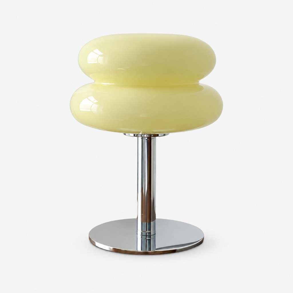 Beige two-tier glass table lamp with a chrome base