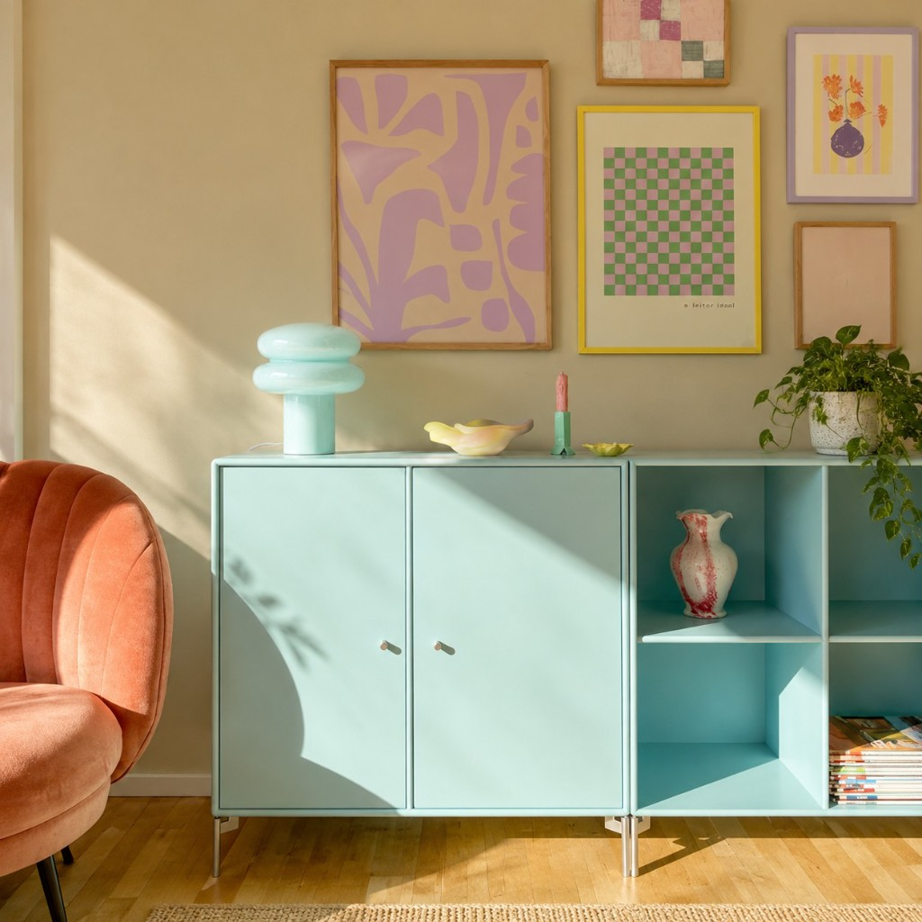 Light blue mushroom glass table lamp on a sideboard