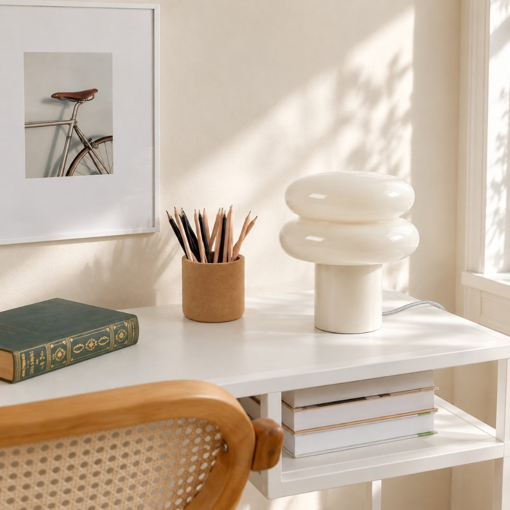 White mushroom glass table lamp on a desk