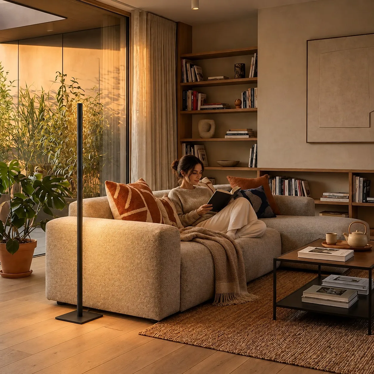 Person reading beside an Ilio Mini floor lamp in a living room