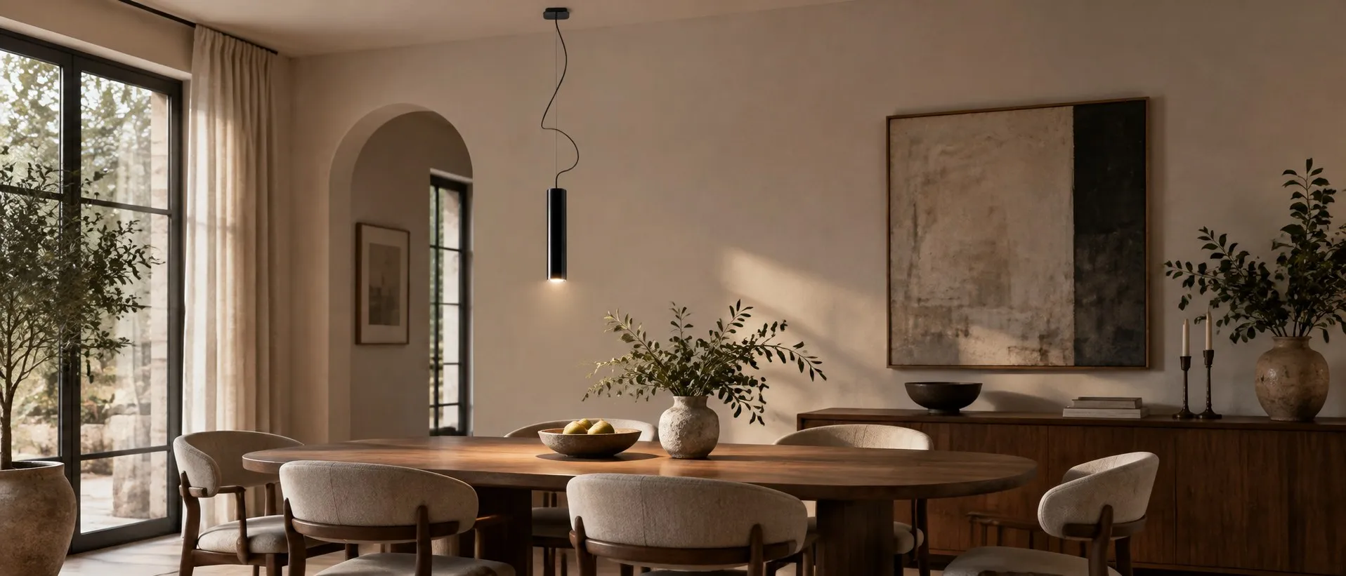 Glossy black pendant lamp over a dining table