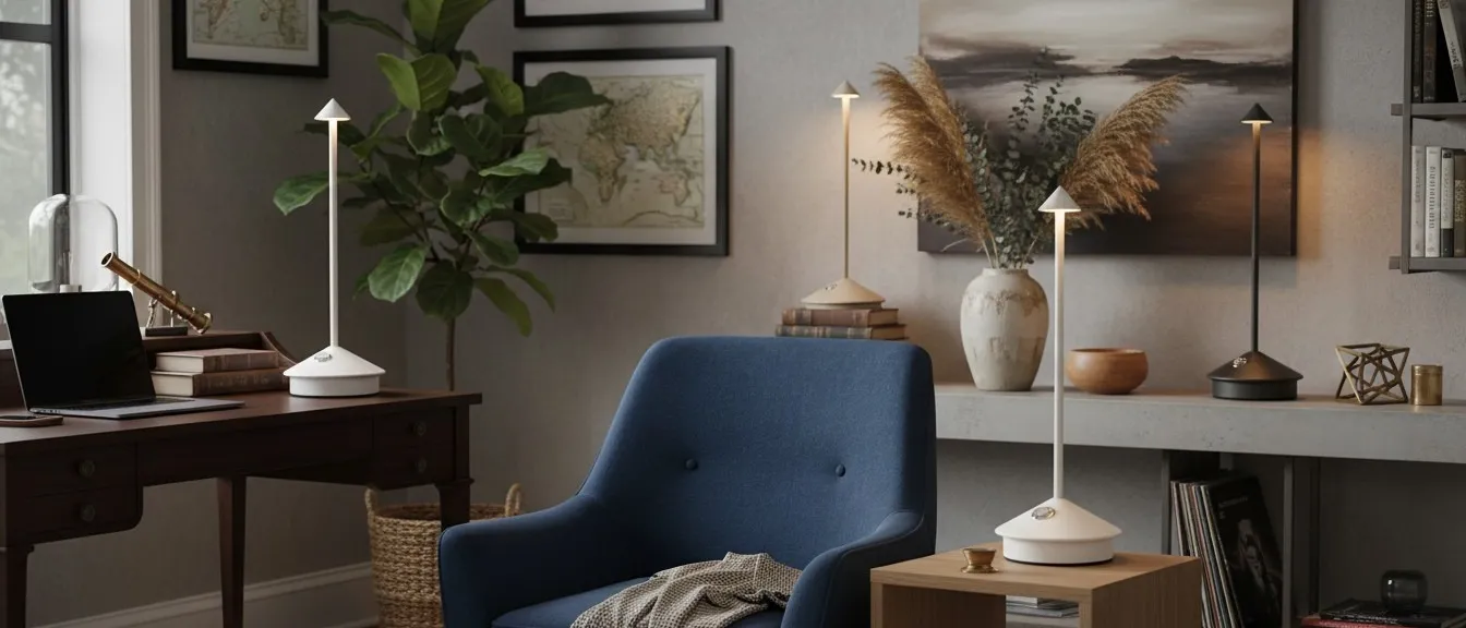 Cordless table lamps in a home study and living room