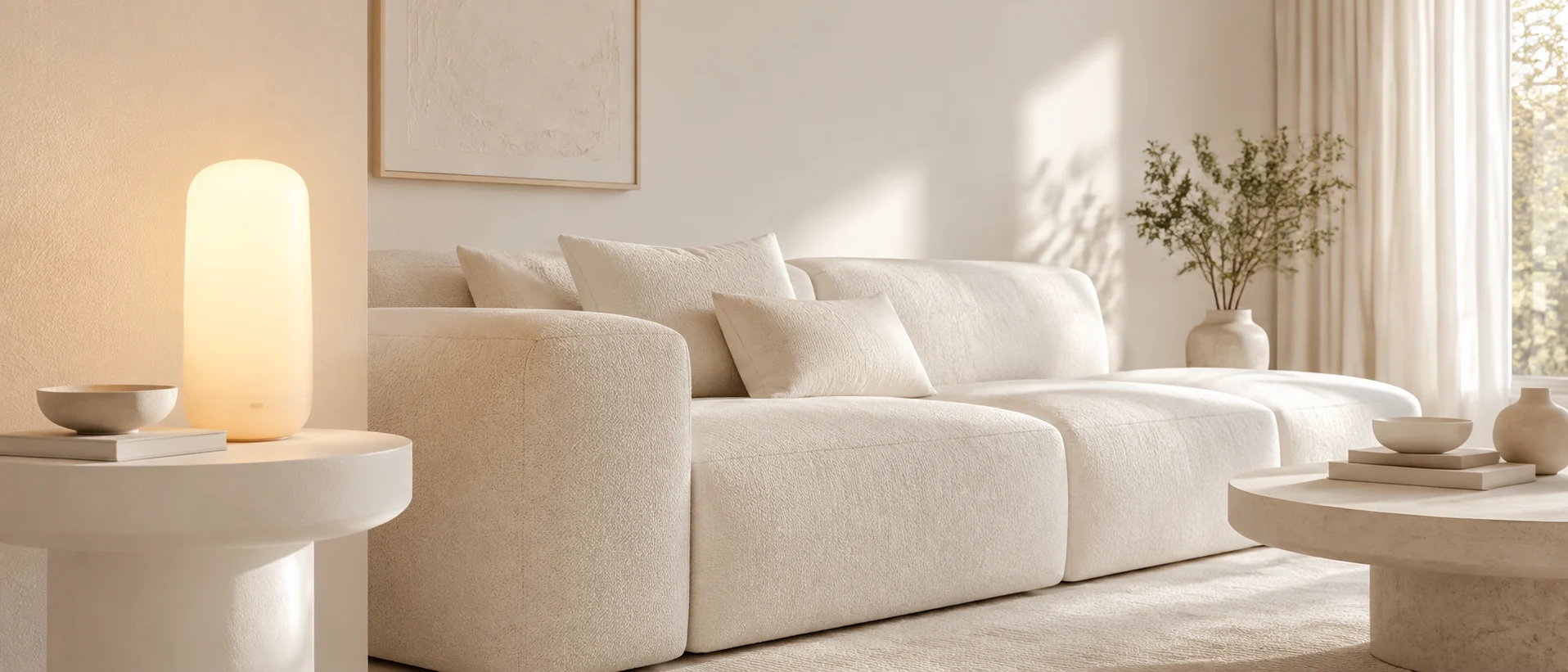 White Gople Portable lamp on the left of an off-white living room