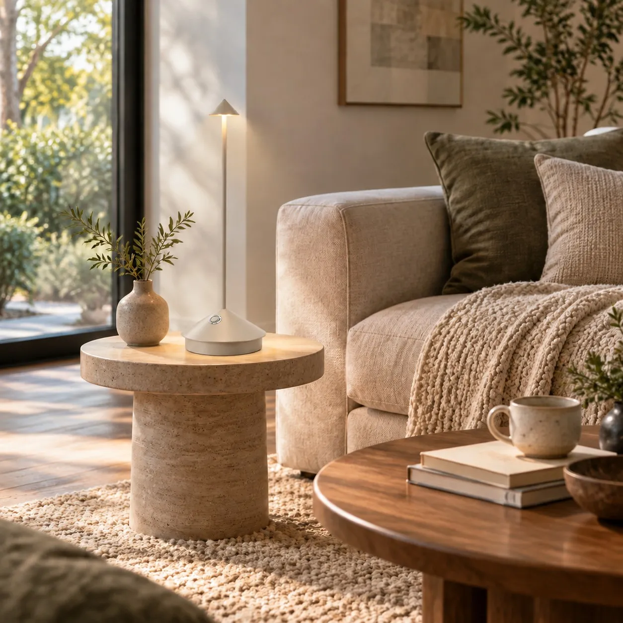Sand cordless table lamp on a living room side table