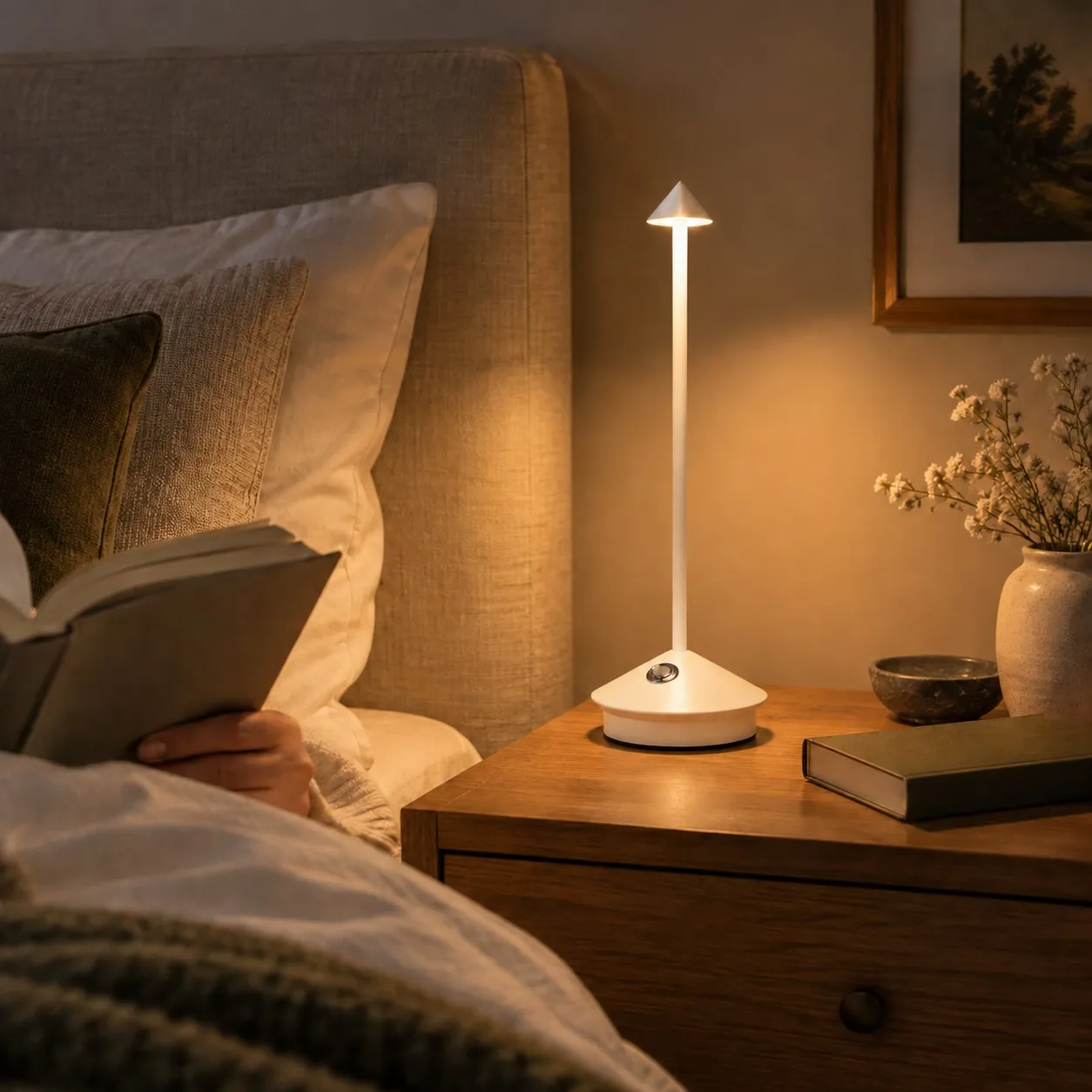 White cordless table lamp on a nightstand beside a bed