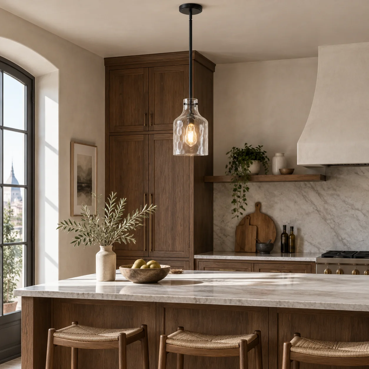 Vintage Glass Pendant Light with hammered or seeded glass and three metal finishes - New2609-1024517 interior scene