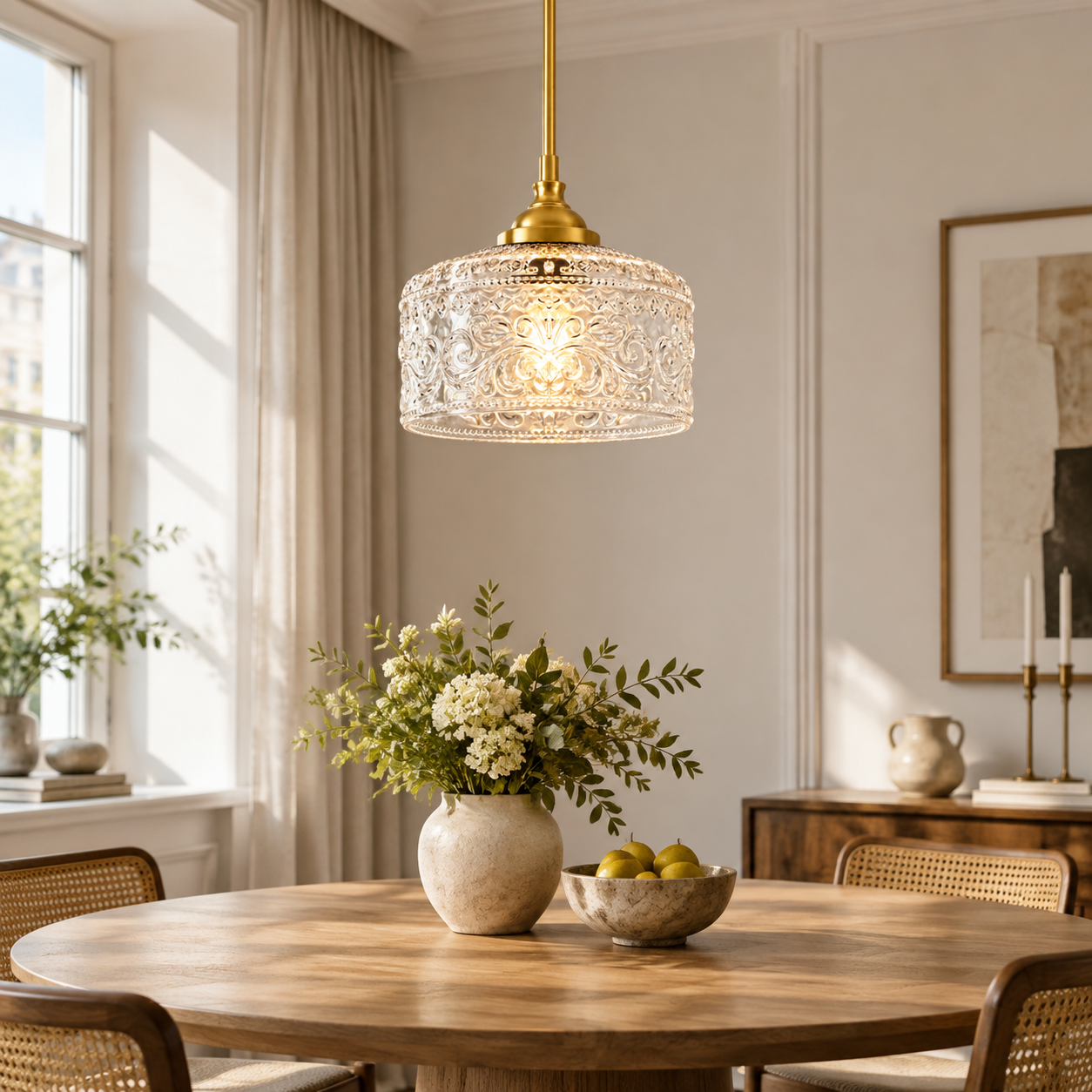 Vintage Glass Pendant Light with patterned glass and three shade colours - New2609-1024536 interior scene