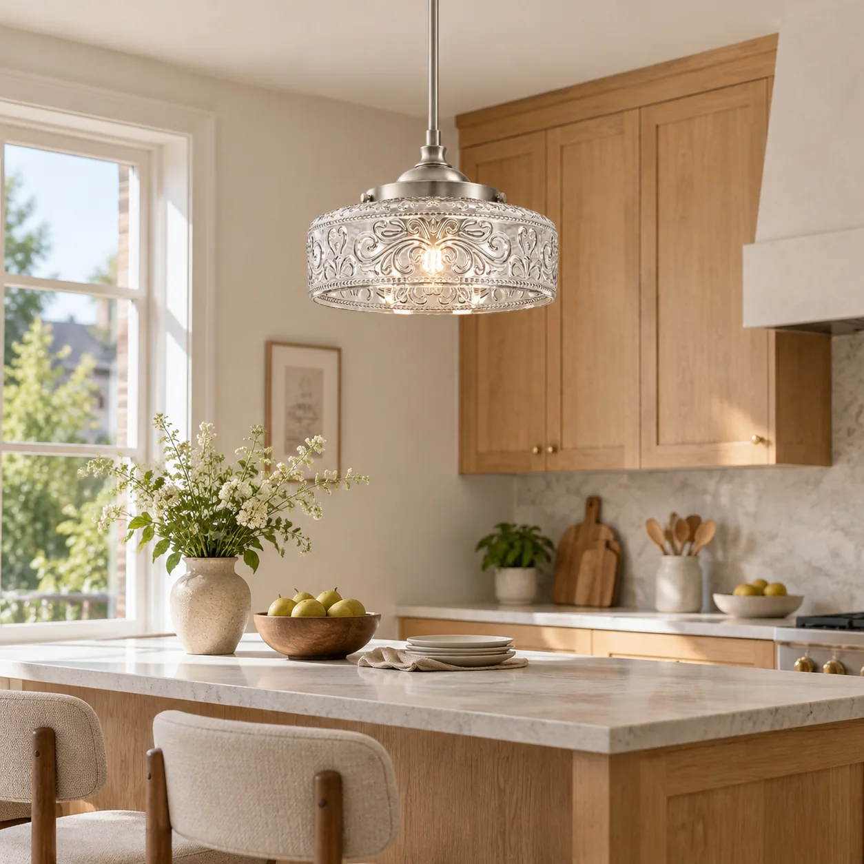 Vintage Glass Pendant Light with patterned glass and three shade colours - New2609-1024541 interior scene