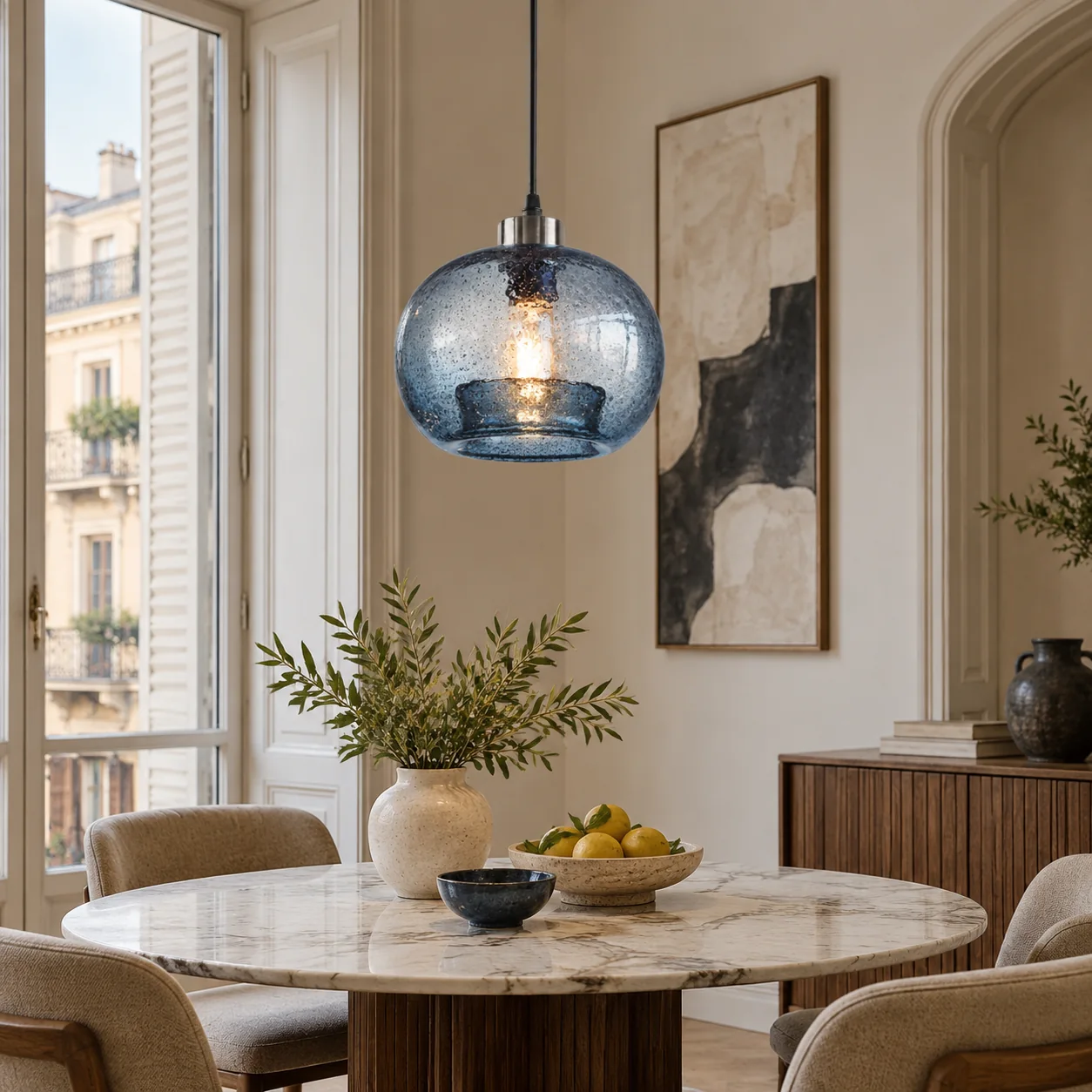 Textured Glass Globe Pendant with marble glass options and chrome or gold - New2609-1024574 interior scene