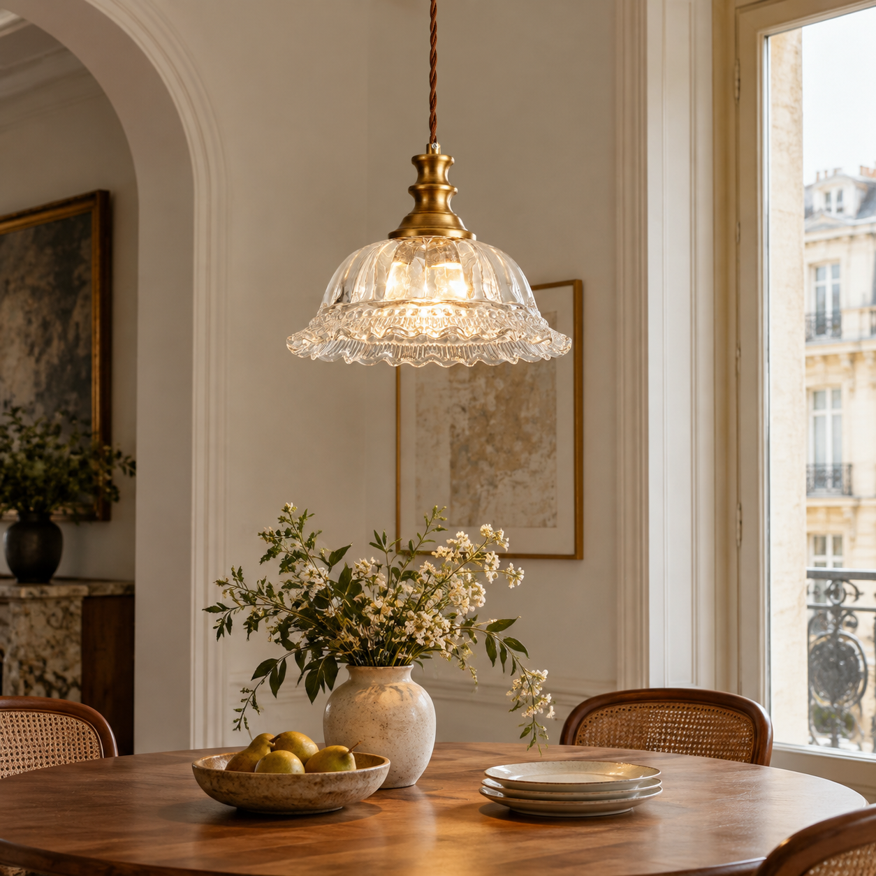 Vintage Fluted Glass Pendant with brass or black metal and one to three lights - New2609-1024449 interior scene