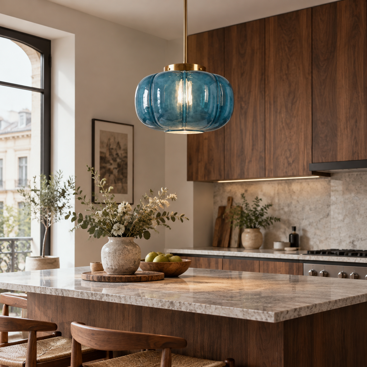 Ribbed Glass Dome Pendant with blue or clear glass and one light - New2609-1024641 interior scene
