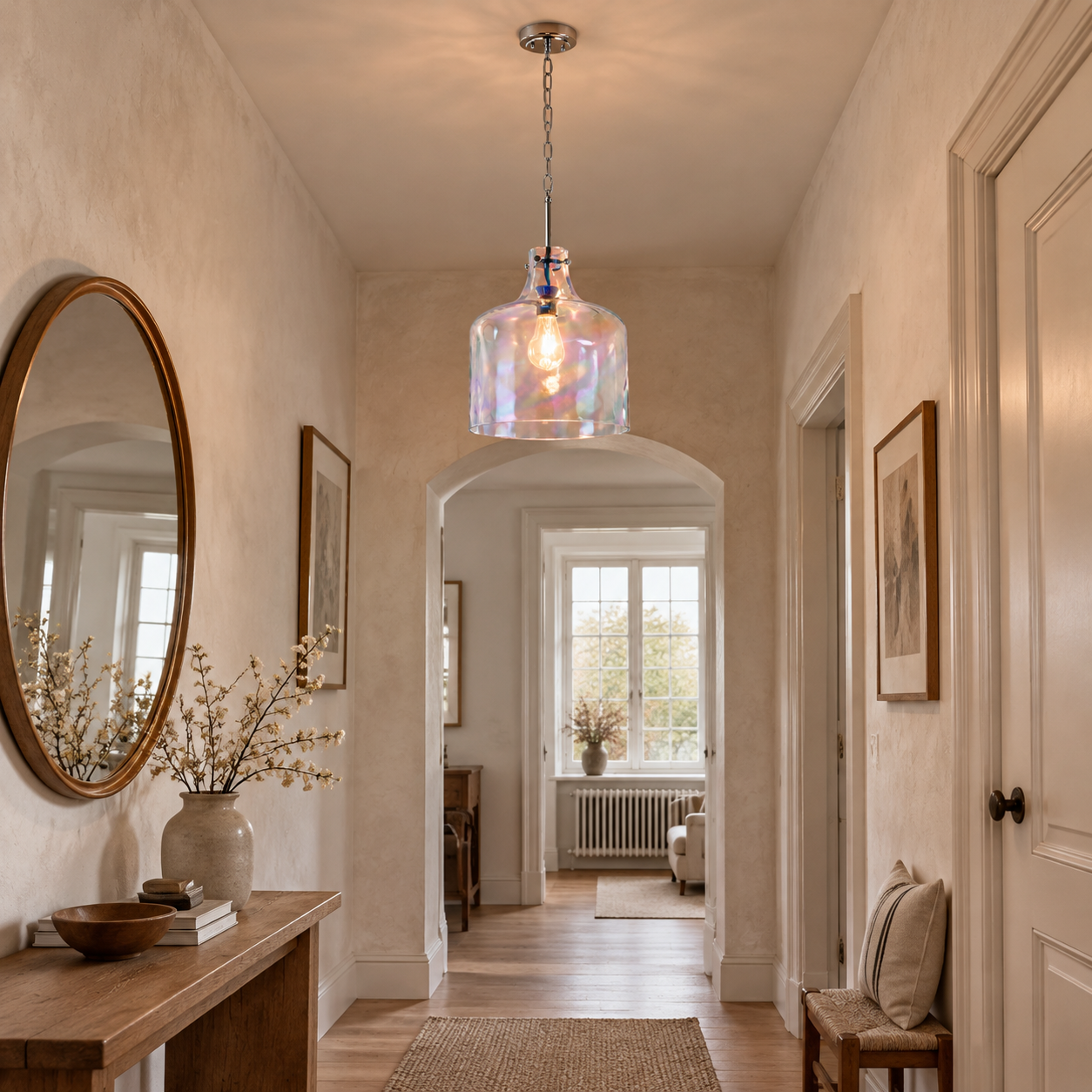 Vintage Glass Pendant Light with hammered or seeded glass and three metal finishes - New2609-1024508 interior scene