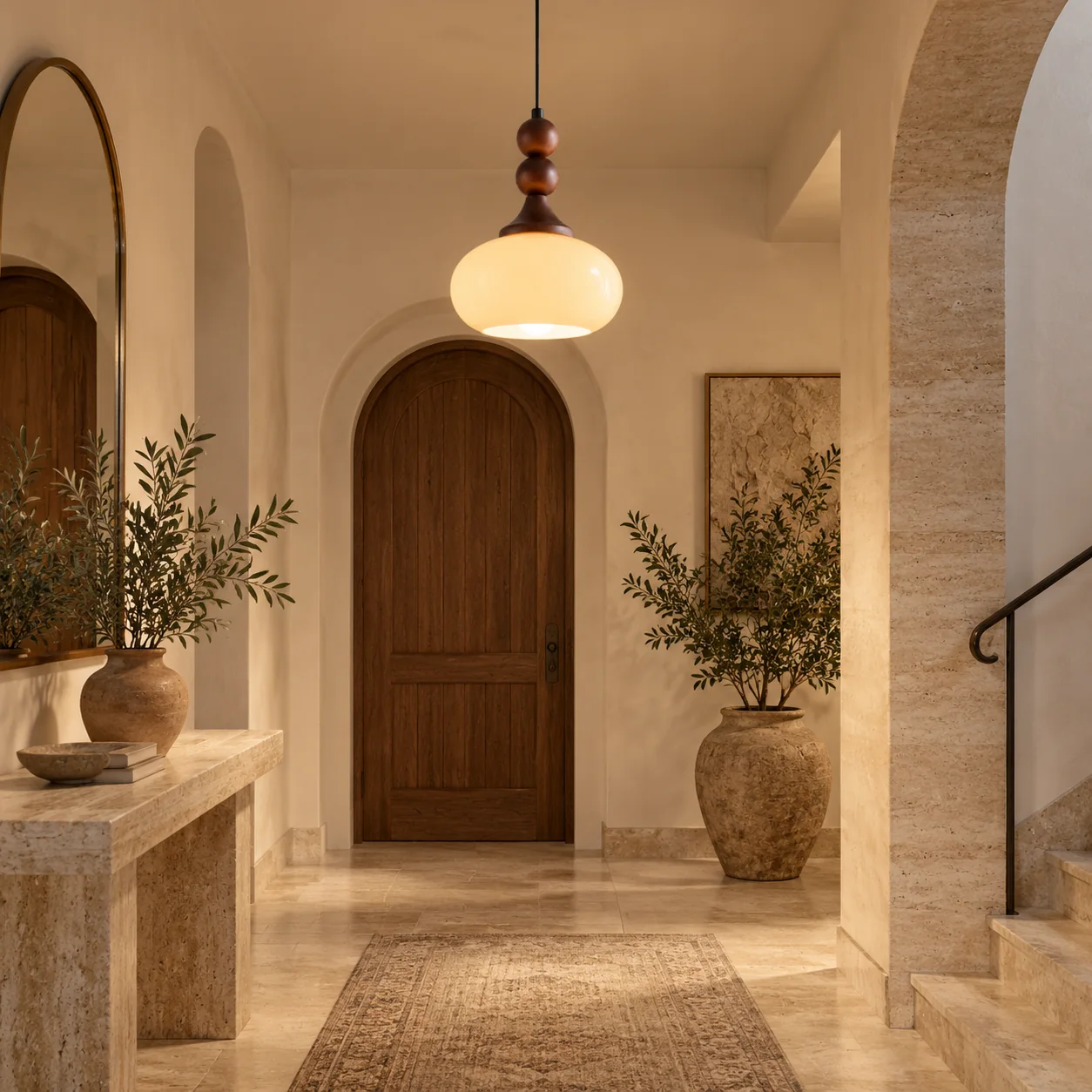 Shaped Glass Pendant Light with brown or cream and a sculptural shade - New2609-1024582 interior scene