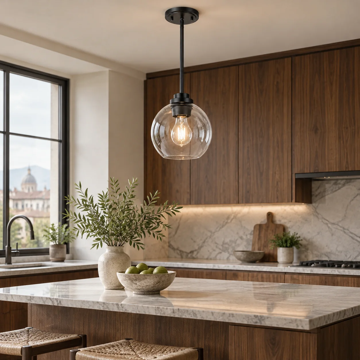 Clear Glass Globe Pendant with metal finish options and one to three items - New2609-1024638 interior scene
