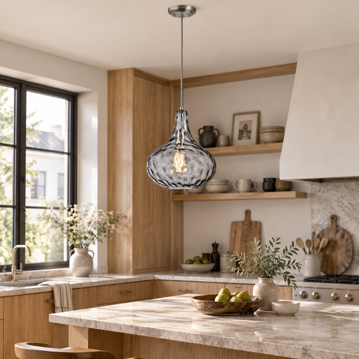 Vintage Textured Glass Pendant with hammered or ripple glass and three metal finishes - New2609-1024498 interior scene