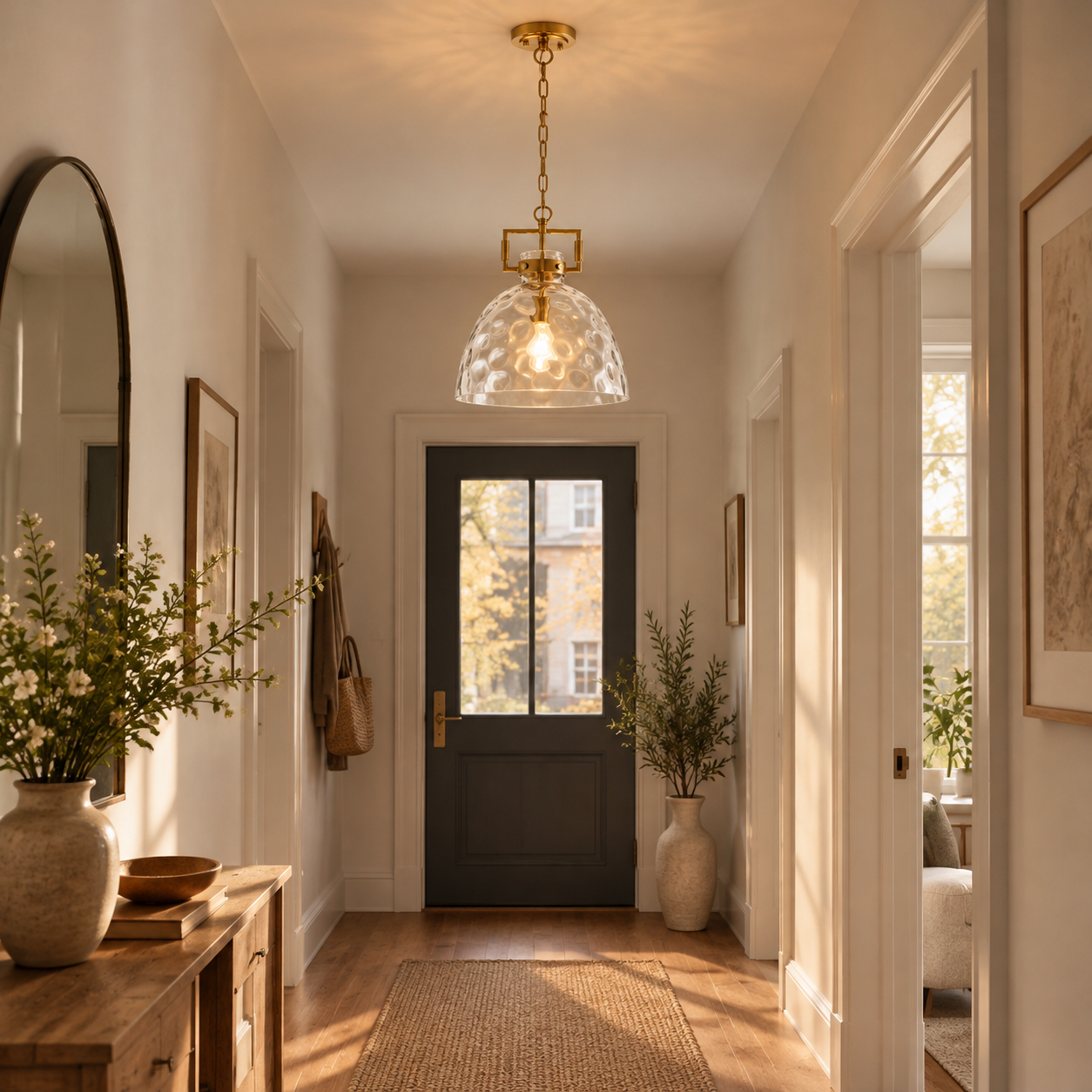 Hammered Glass Pendant Light with three metal finishes and a 13.8-inch shade - New2609-1024497 interior scene