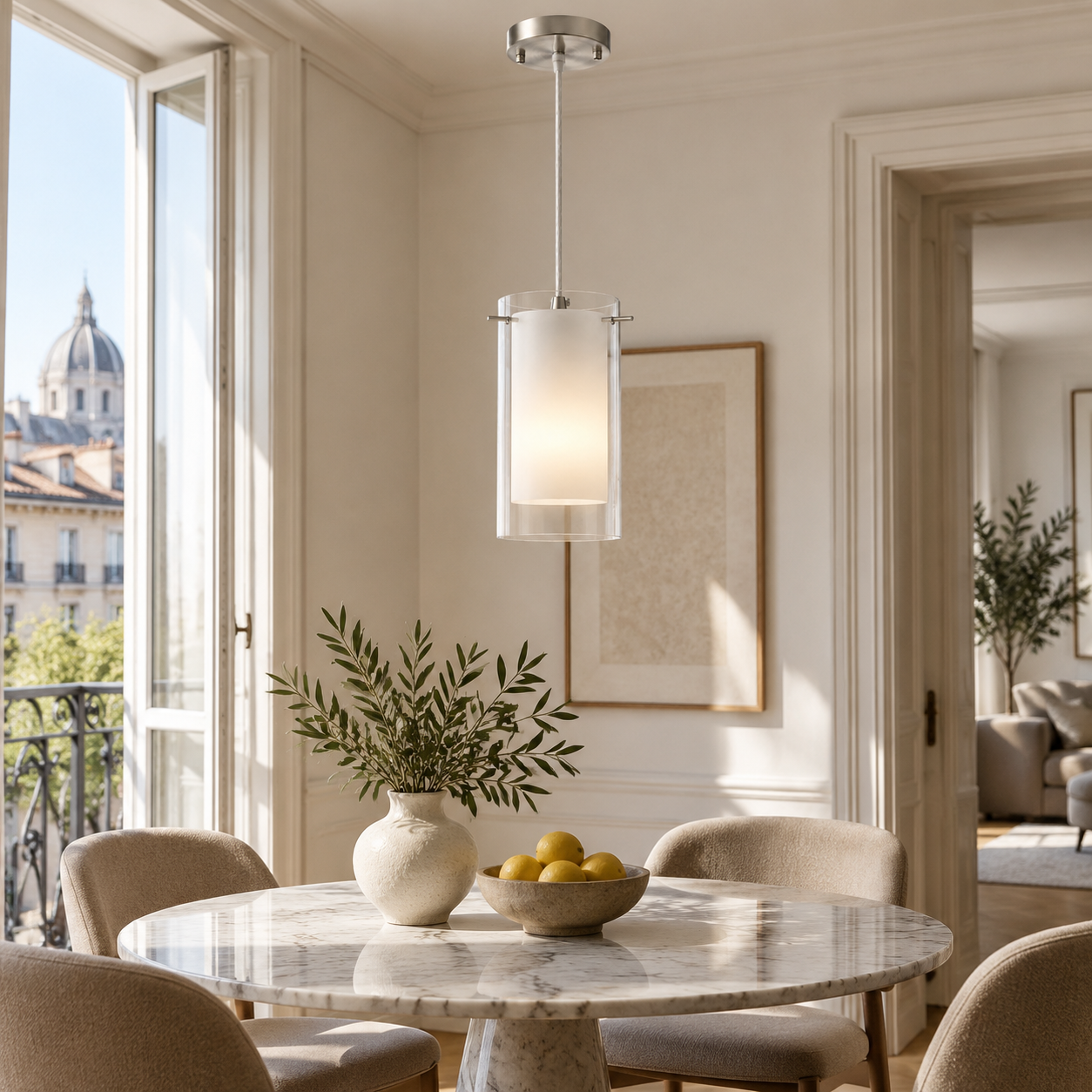 Double Glass Pendant Light with clear and white glass and one to three lights - New2609-1024586 interior scene