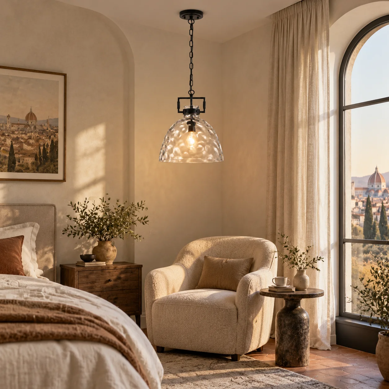 Hammered Glass Pendant Light with three metal finishes and a 13.8-inch shade - New2609-1024495 interior scene