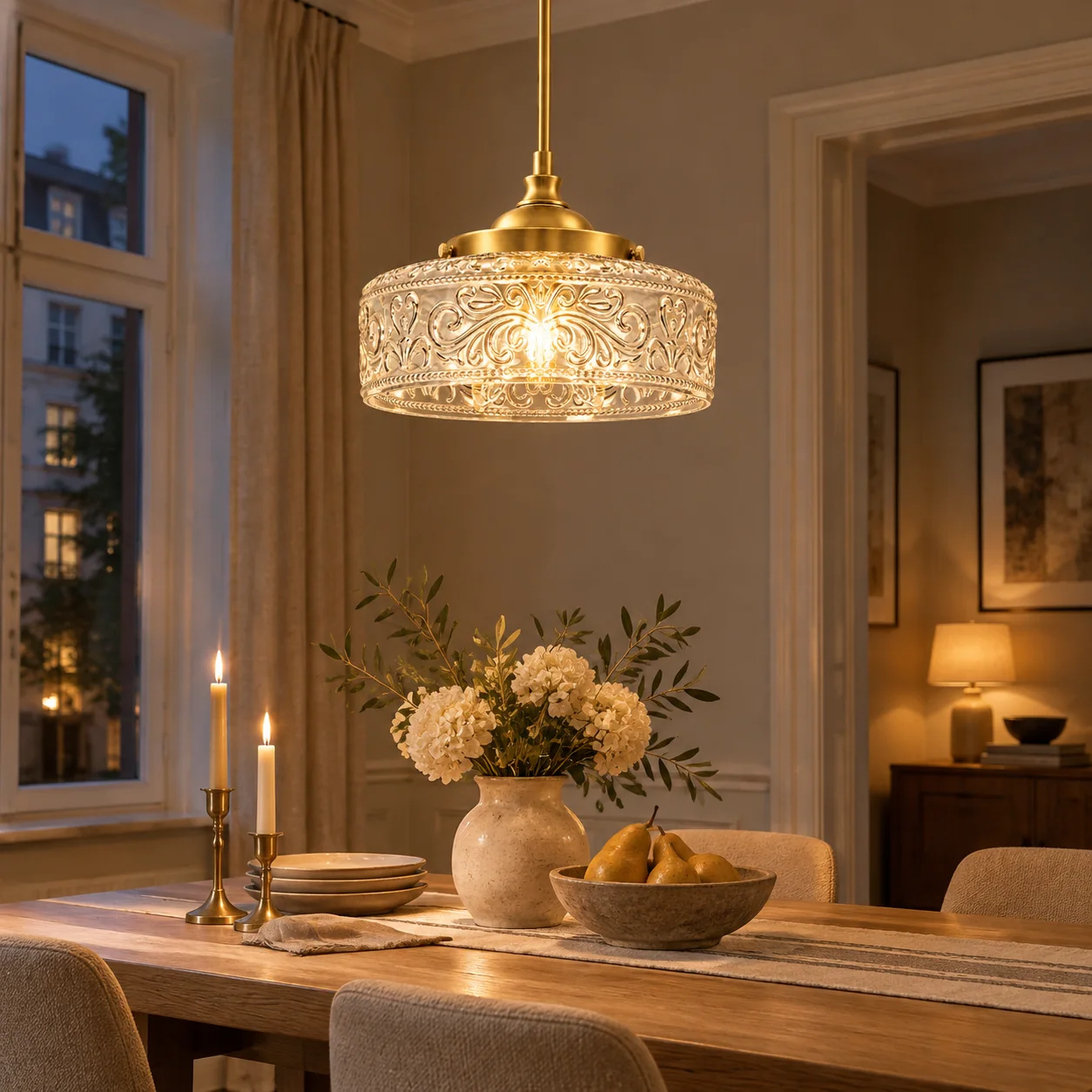Vintage Glass Pendant Light with patterned glass and three shade colours - New2609-1024545 interior scene
