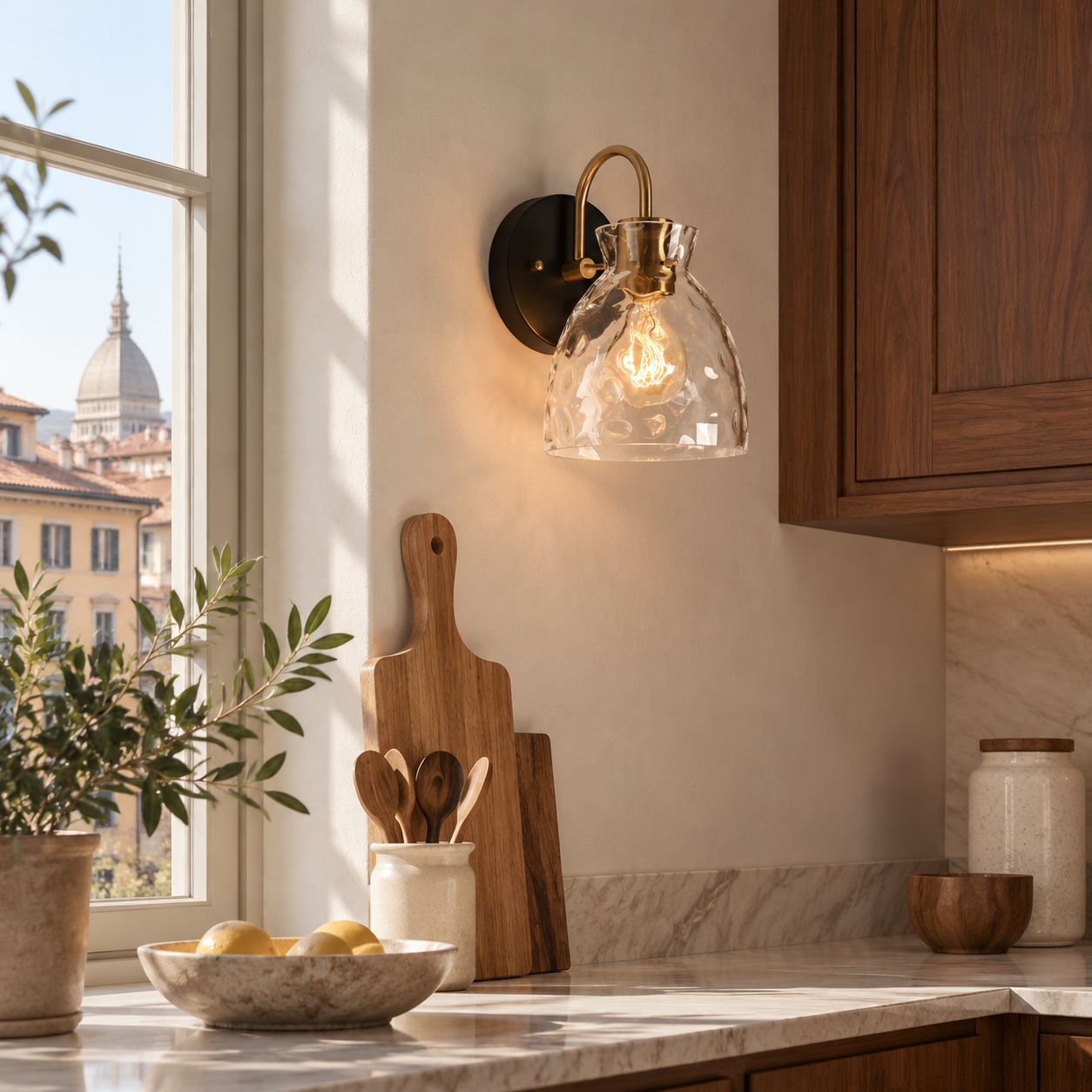 Textured Glass Wall Sconce with a clear shade and a curved arm - New2609-1024567 interior scene