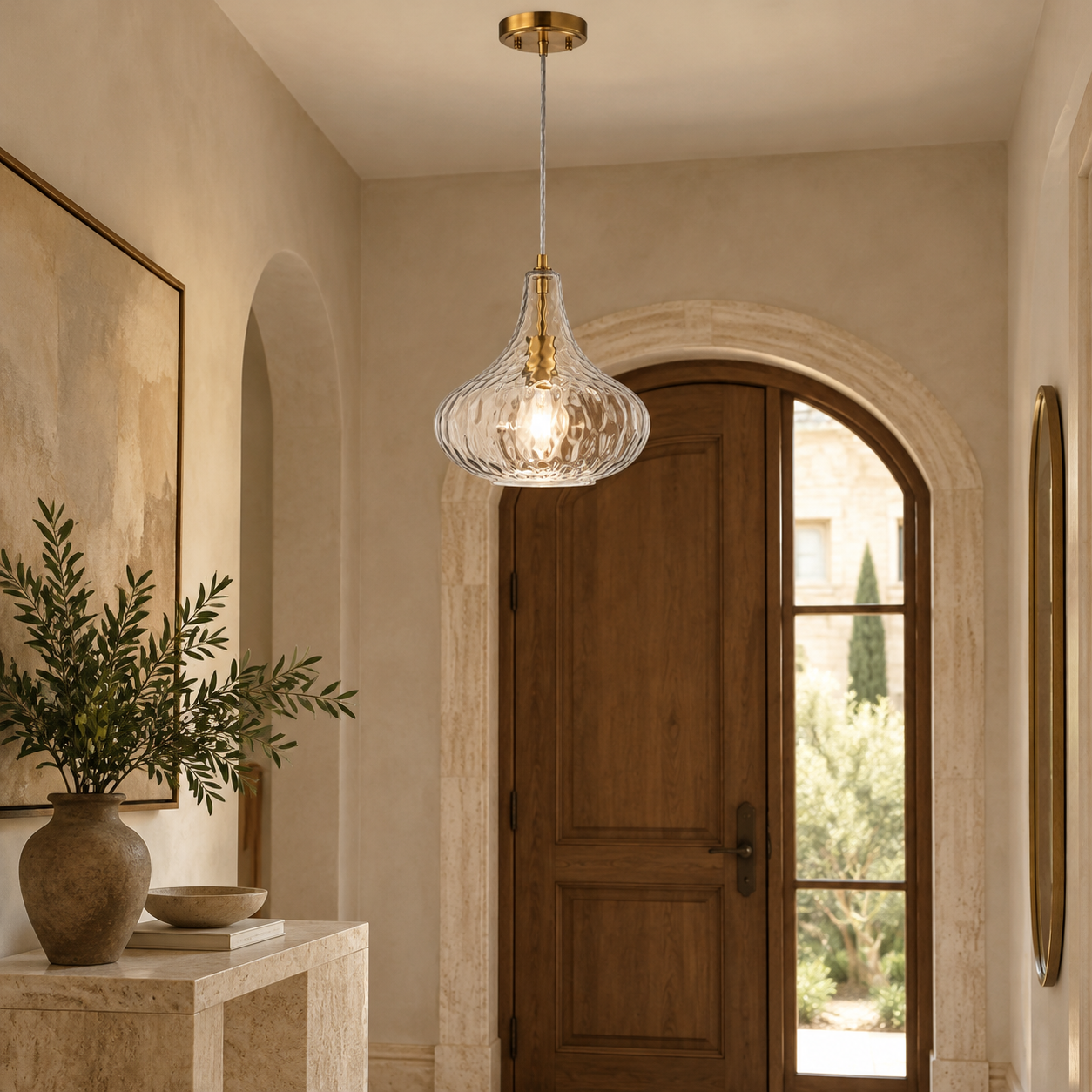 Vintage Textured Glass Pendant with hammered or ripple glass and three metal finishes - New2609-1024506 interior scene