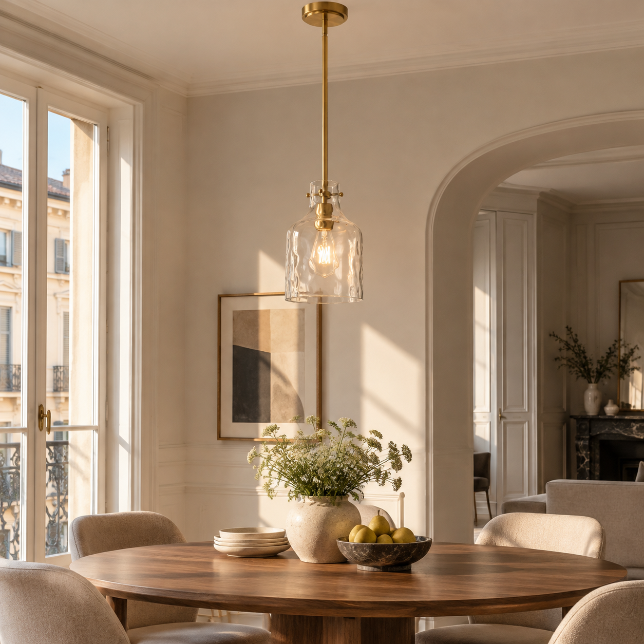 Vintage Glass Pendant Light with hammered or seeded glass and three metal finishes - New2609-1024518 interior scene