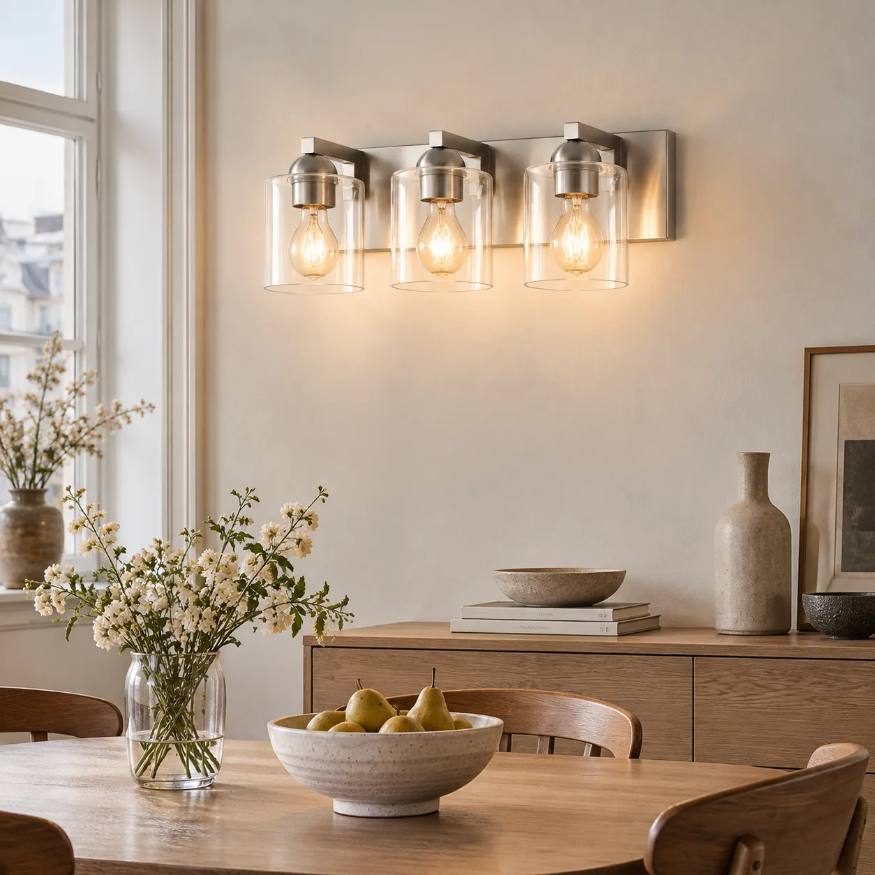 Glass Bathroom Vanity Light with one to six lights and three metal finishes - New2609-1024428 interior scene