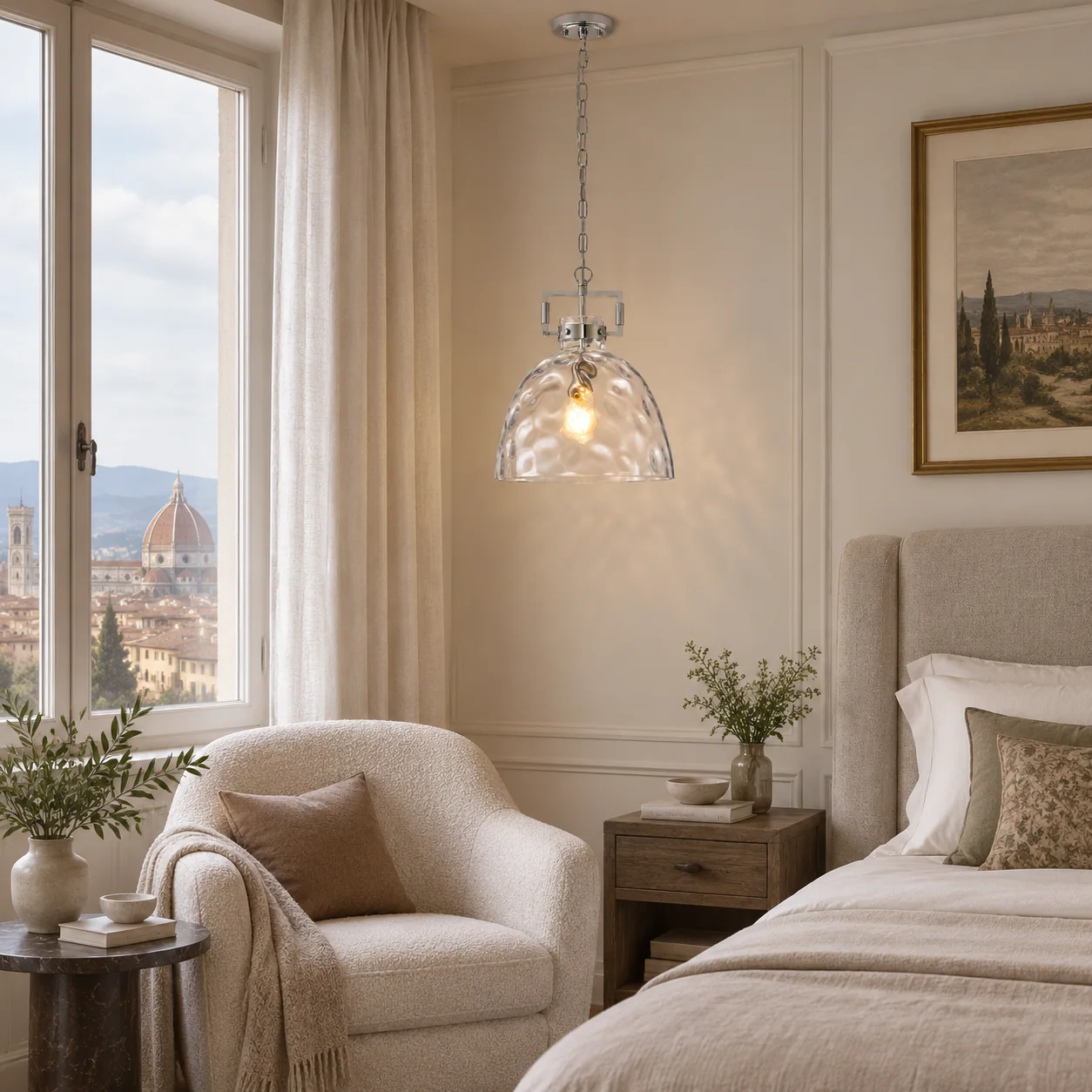 Hammered Glass Pendant Light with three metal finishes and a 13.8-inch shade - New2609-1024496 interior scene