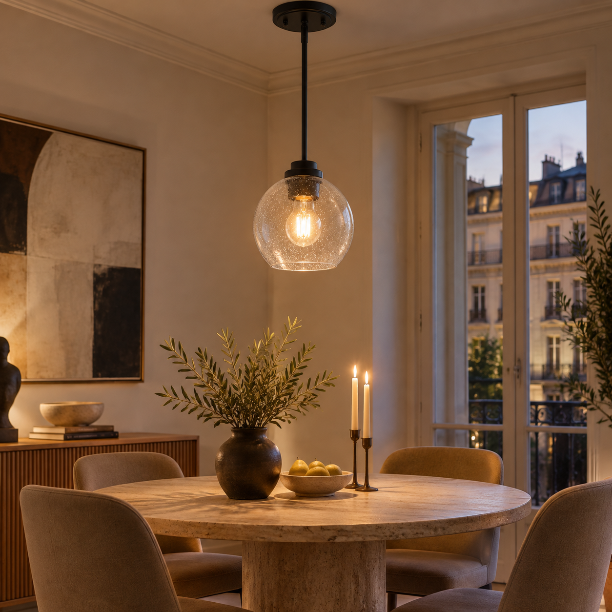 Clear Glass Globe Pendant with metal finish options and one to three items - New2609-1024629 interior scene